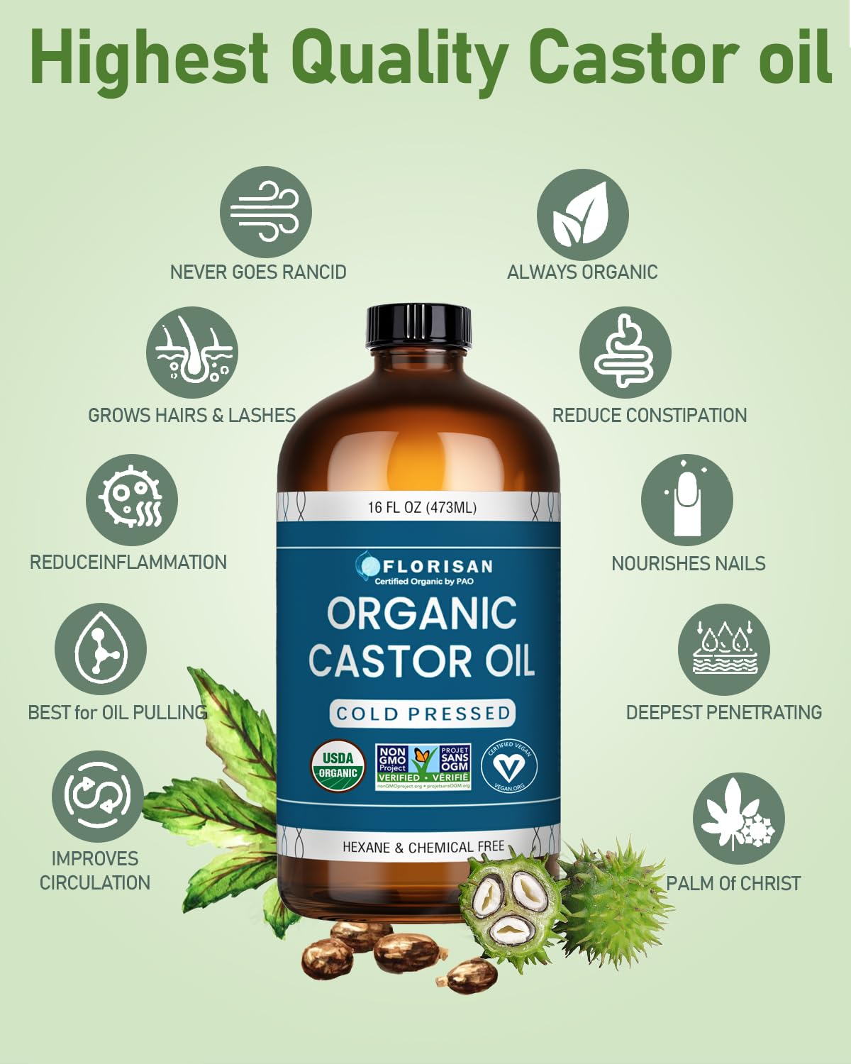 Detalle de Florisan Organic Castor Oil 16oz – Cold Pressed, Hexane-Free, USDA Organic & EWG Verified