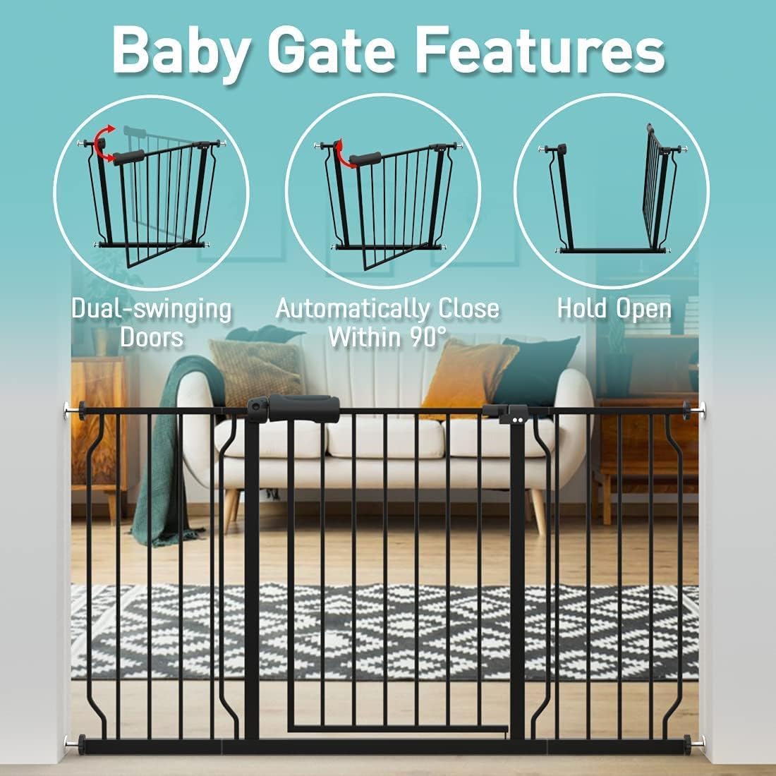 Thumbnail 2 de WAOWAO Extra-Wide Baby Gate, 57.48–62.20-Inch Fit, 30-Inch Tall, Black