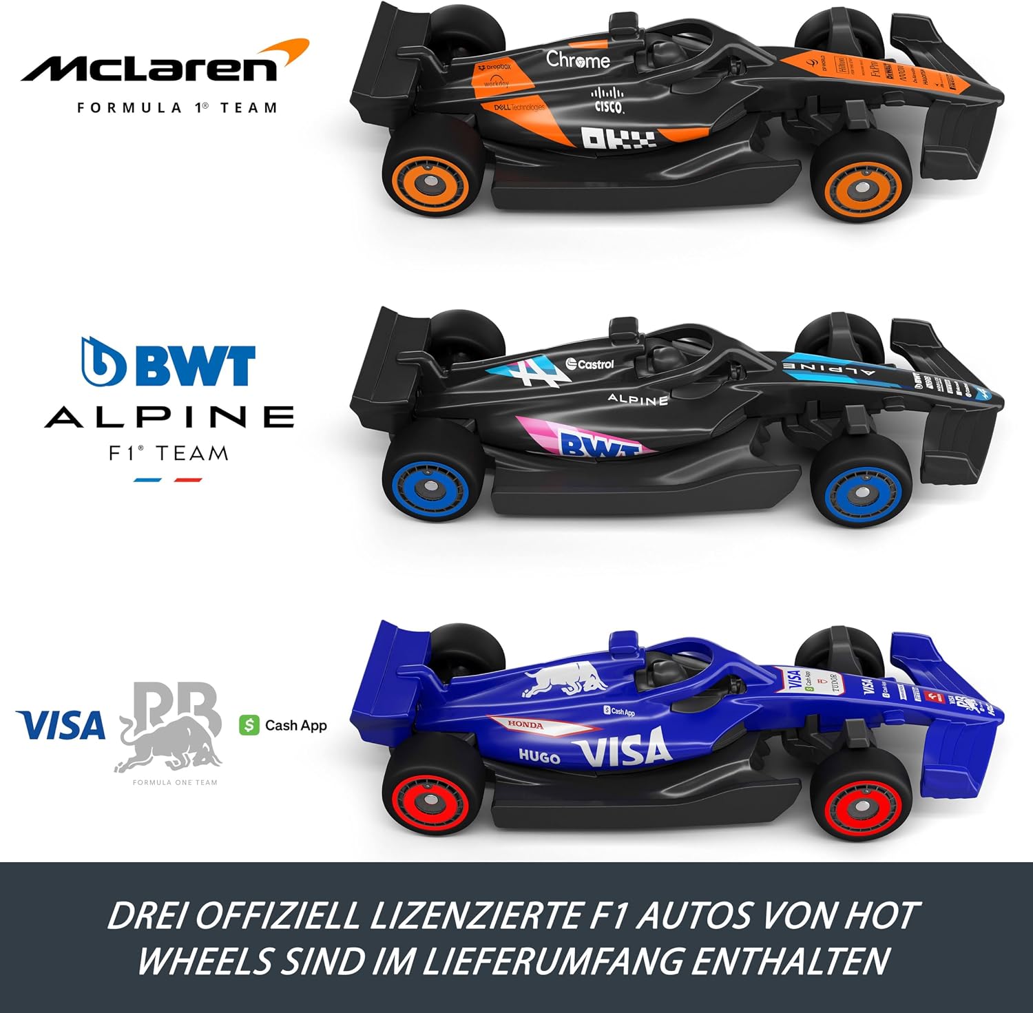 Detalle de Hot Wheels Rennstrecke mit 3 1:64 Die-Cast Formel 1 Fahrzeugen – McLaren, Alpine & RB