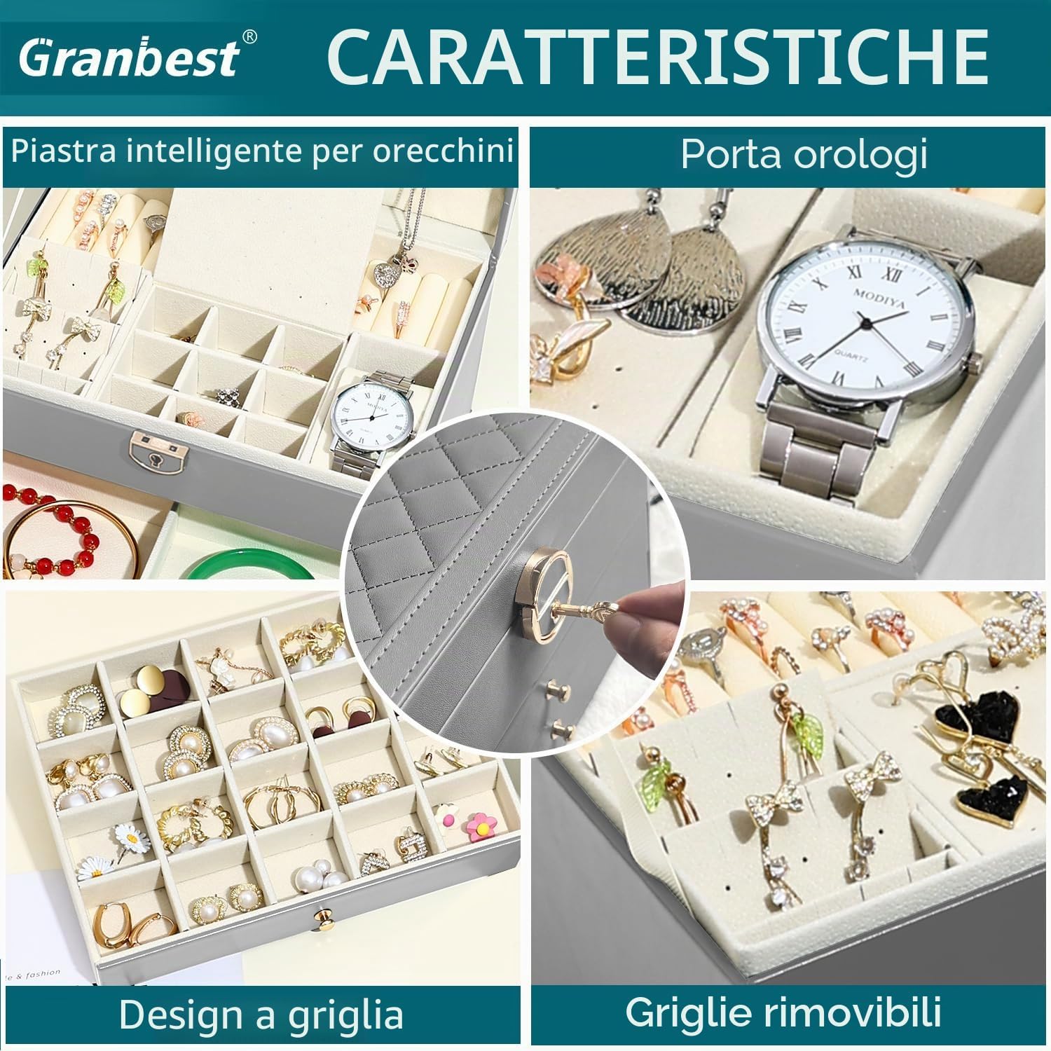 Detalle de Granbest Portagioie a 3 strati con 2 cassetti – Porta gioielli in pelle grigio