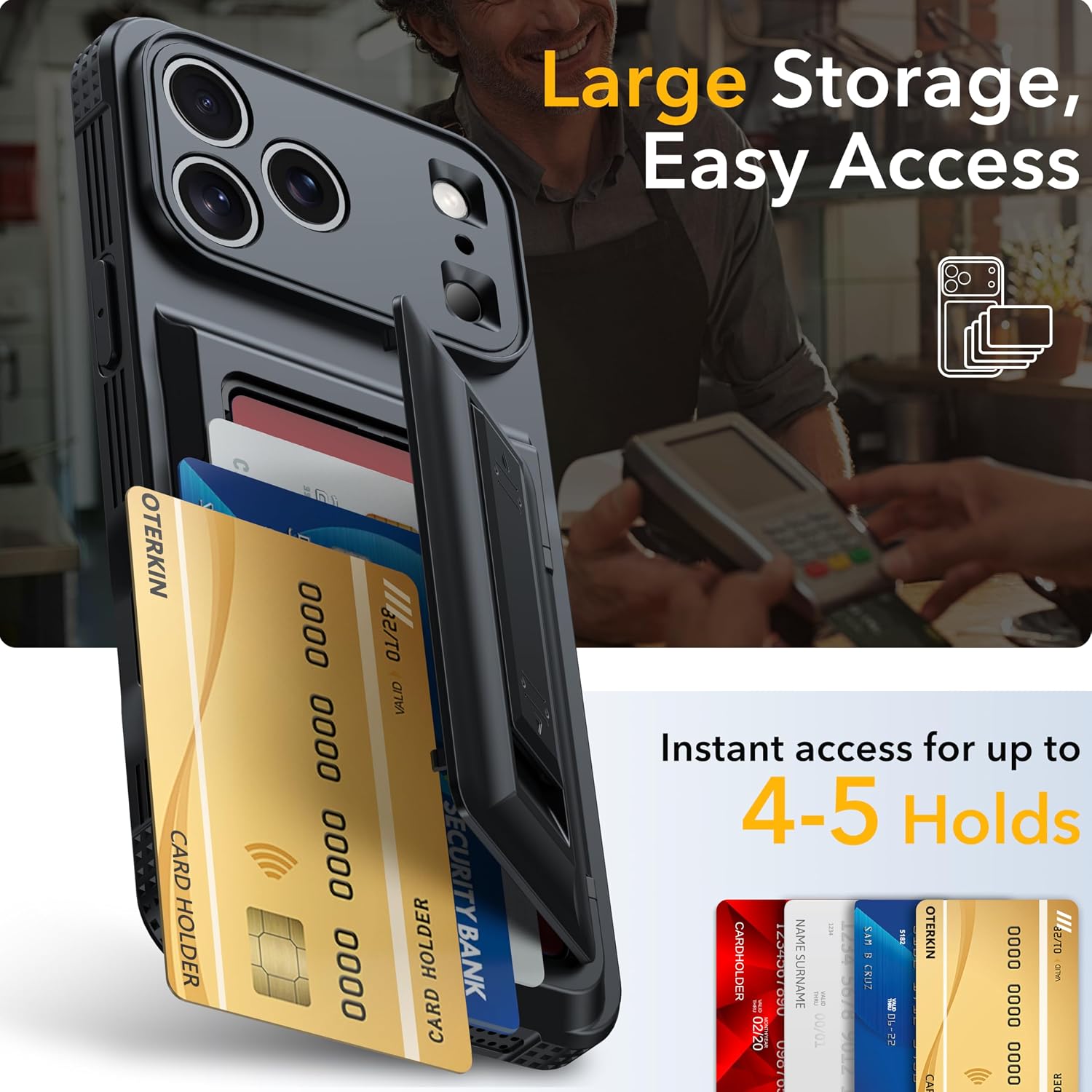 Detalle de Oterkin iPhone 17 Pro Wallet Case, 4–5-Card Holder, Kickstand and RFID Blocking