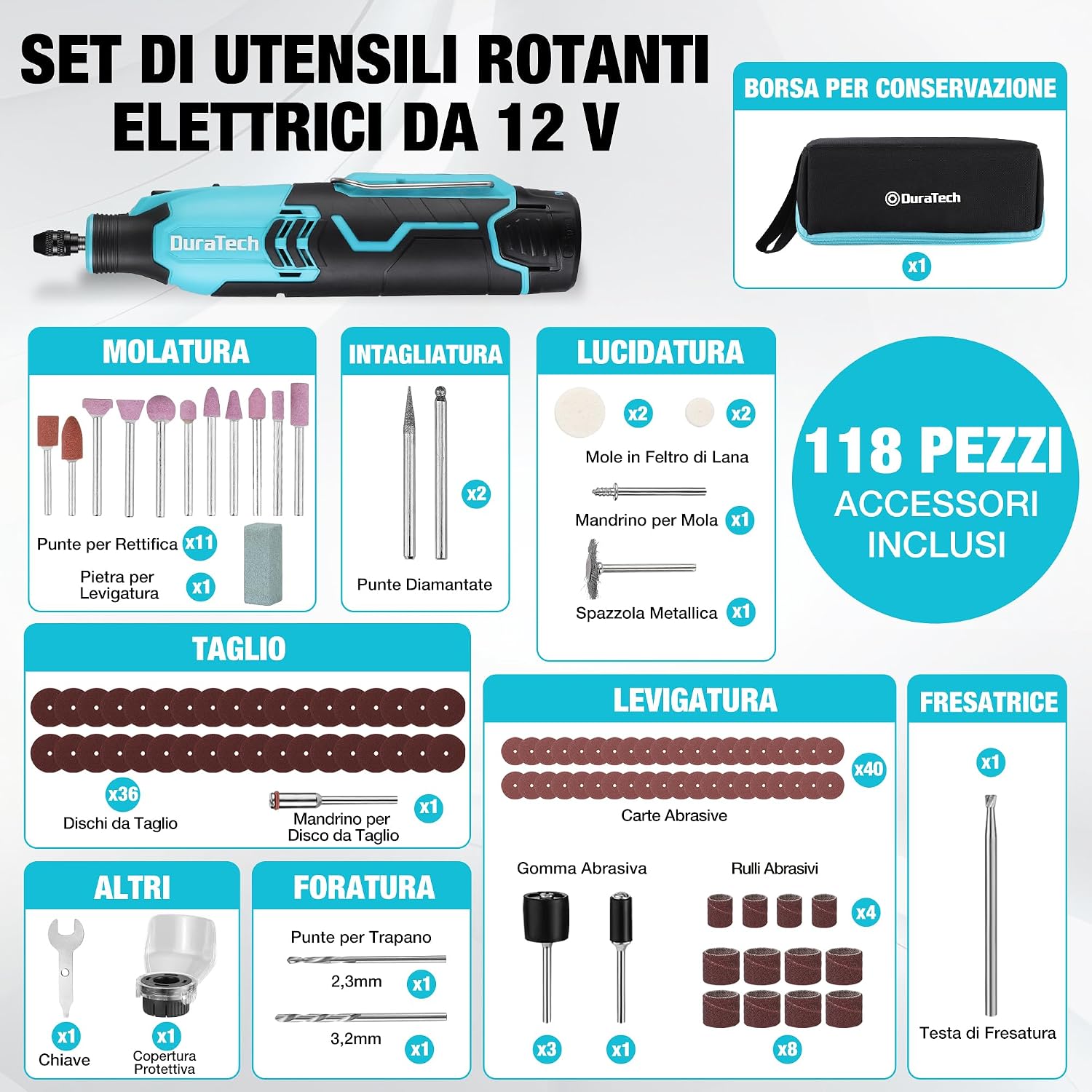 Thumbnail 2 de DURATECH Strumento Multifunzione ricaricabile con 118 accessori, 7 velocità e 35.000 giri/min