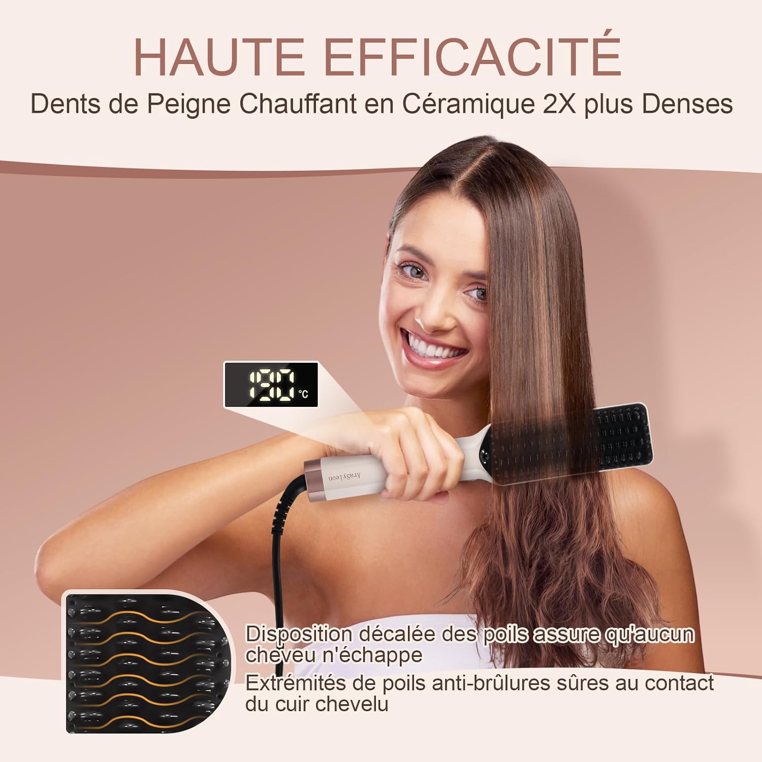 Detalle de AraSyleon Brosse Lissante Ionique – Brosse Chauffante avec Poils en Céramique, 16 Températures (80-230°C), Double Énergie