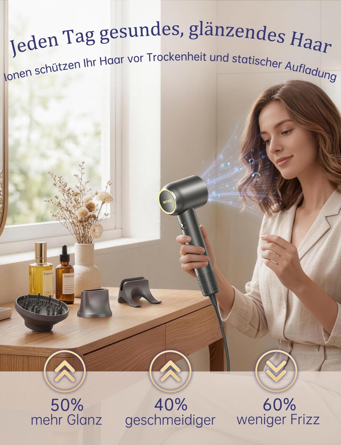 Detalle de 2026 Haartrockner mit Diffusor: Ultraleicht, leise, 160.000 U/min und 500 Mio. Negative Ionen