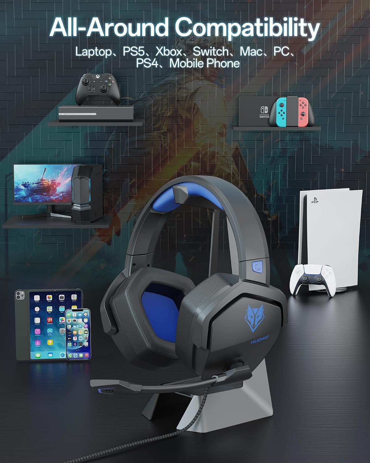 Detalle 2 de NUBWO N16 wired gaming headset with mic (3.5mm) for Xbox, PS5, PC, Switch and more