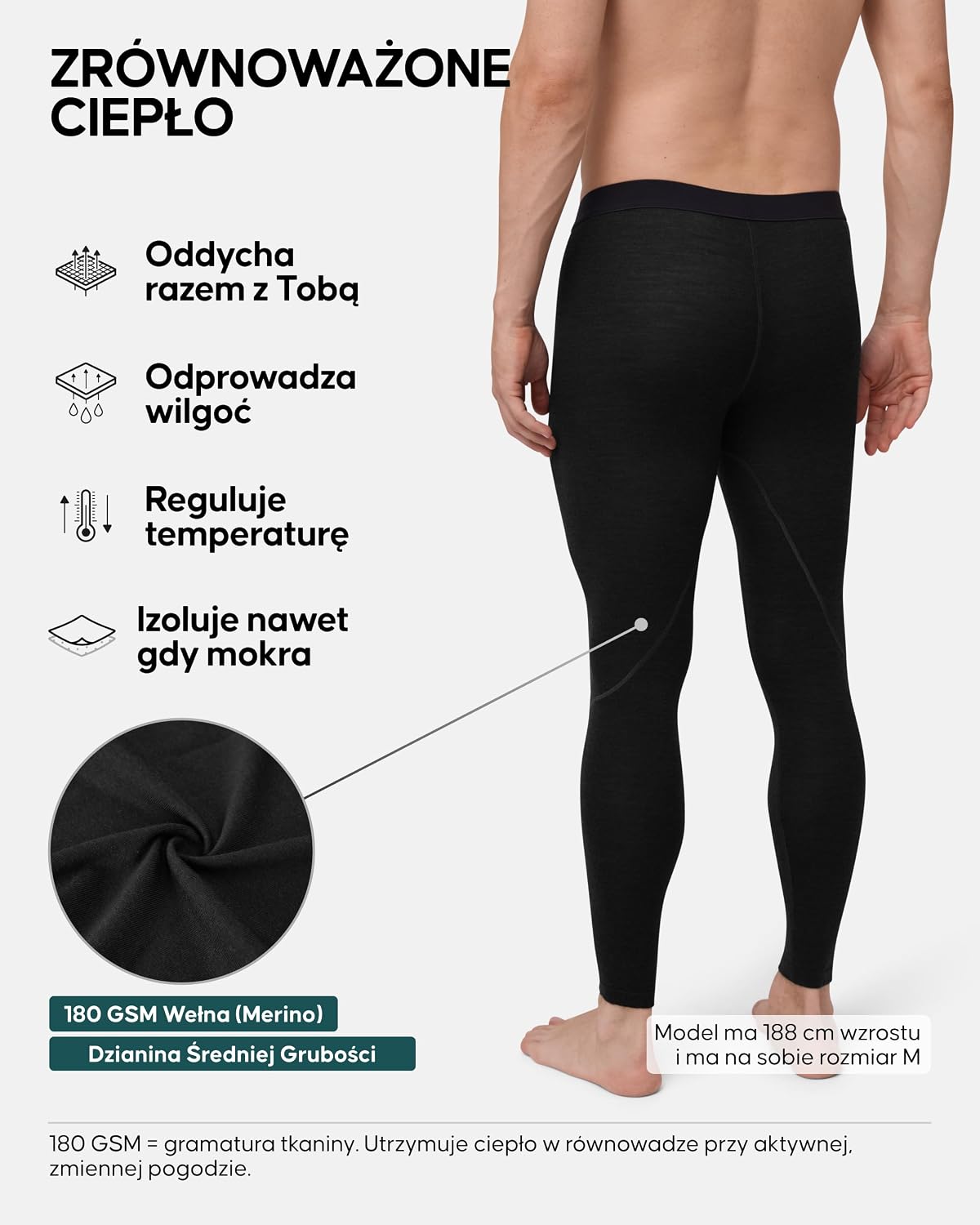 Detalle 2 de DANISH ENDURANCE męskie legginsy termiczne Merino 180 g/m² z opcjonalnym rozporkiem