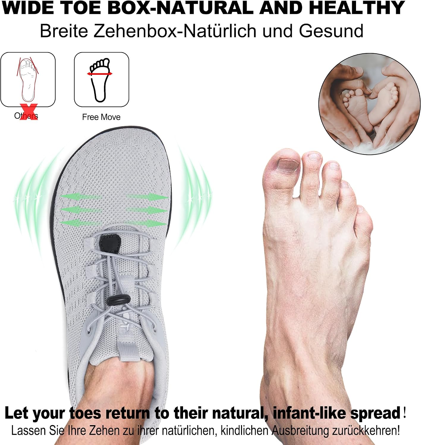 Detalle de Geweo Barfußschuhe Herren/Damen Sommer – Extra breiter Vorfuß, atmungsaktives Strickobermaterial, Zero-Drop-Sohle