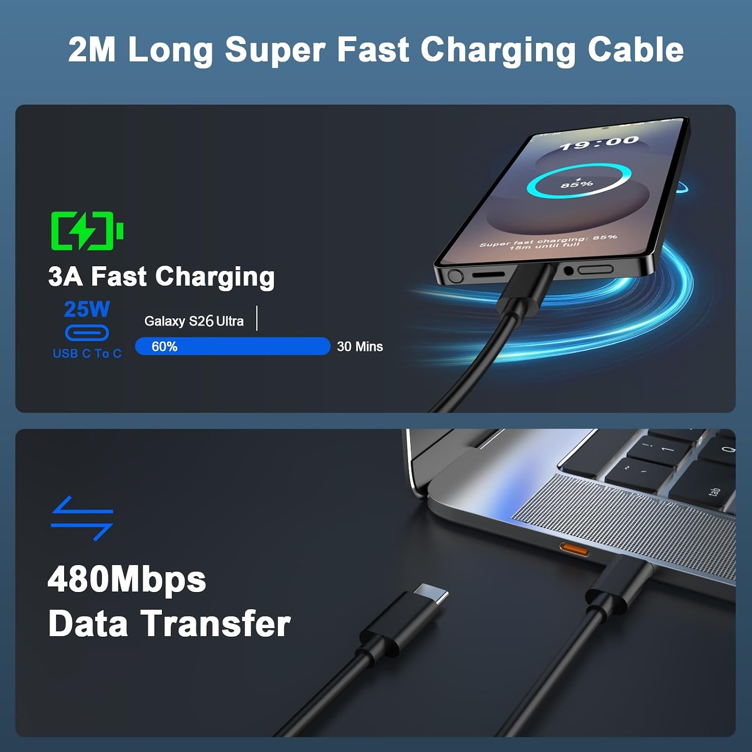 Detalle 2 de 25W USB-C Fast Charger (2 Pack) with 2m C‑Cable – Compact 25W Wall Charger for iPhone 17/16/15 and Galaxy S26/S25/S24/S23/S22/S21 Ultra