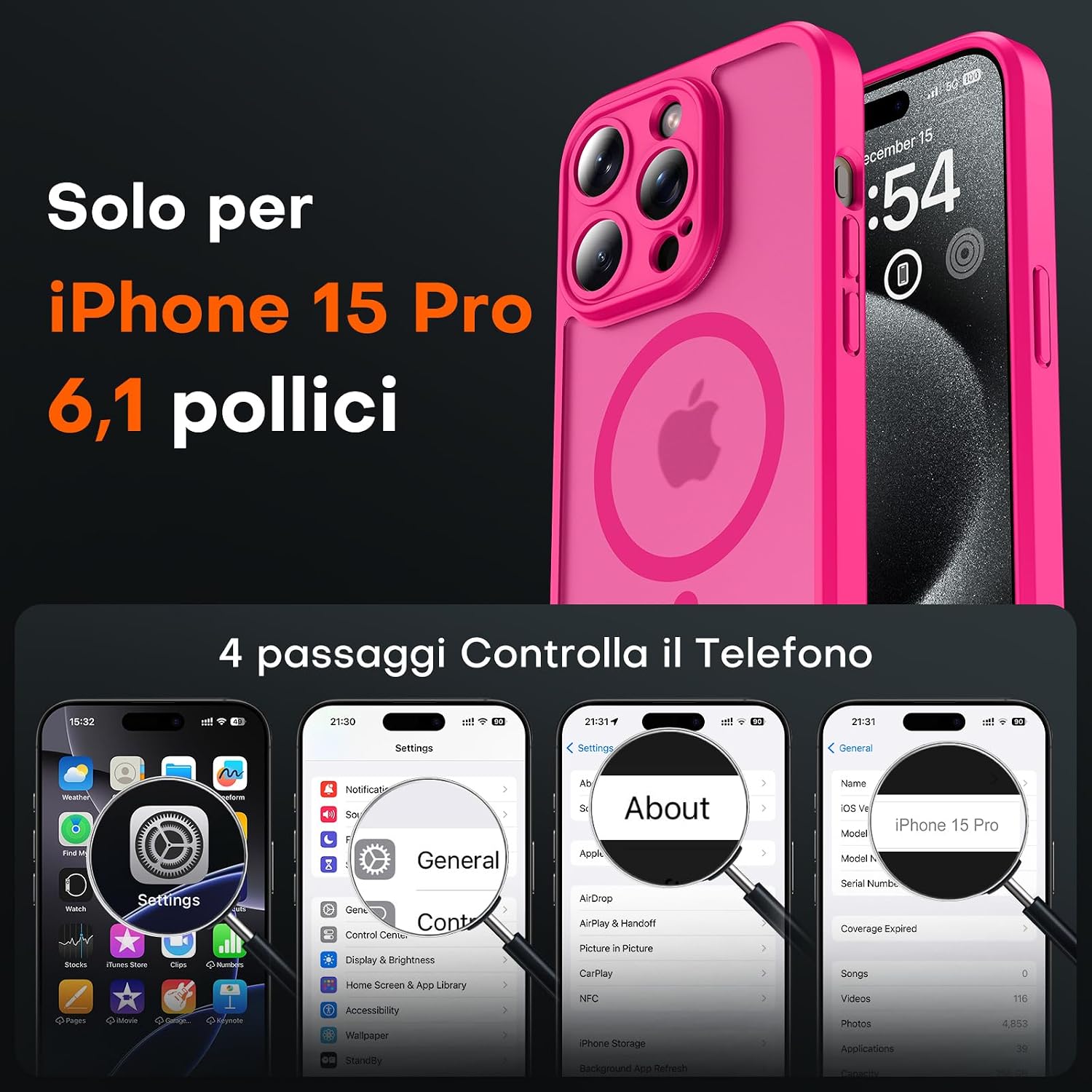 Thumbnail 1 de TOCOL Cover Magnetica per iPhone 15 Pro 6,1” con MagSafe, protezione fotocamera integrata e antiurto trasparente-opaca (Rosa Caldo)