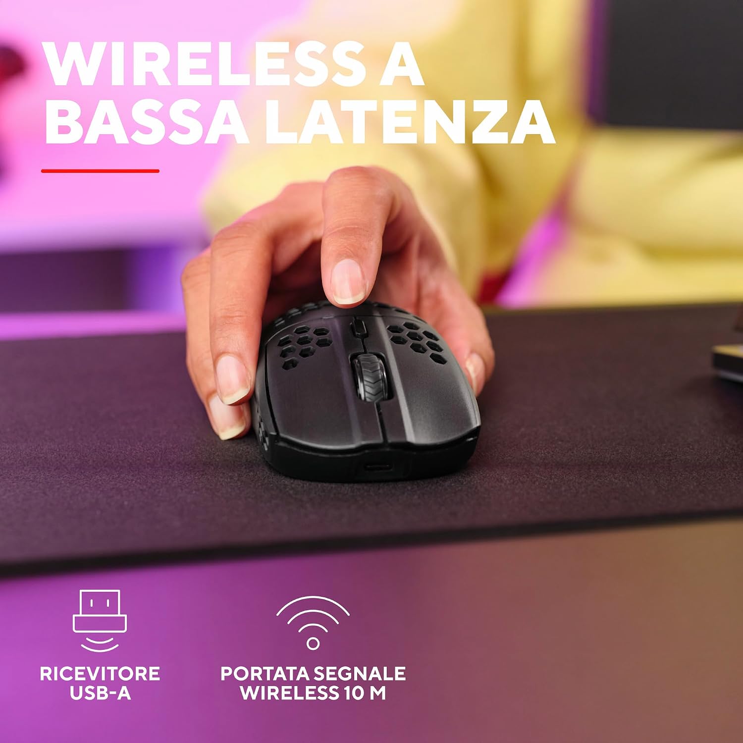 Detalle de GXTrust 929 Helox mouse gaming wireless superleggero 75g, 2.4GHz, DPI 800-4800 e batteria ricaricabile