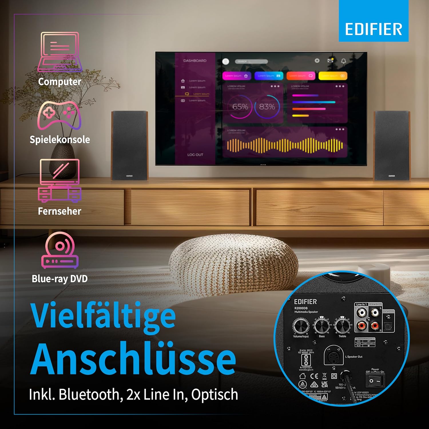 Thumbnail 5 de Edifier R2000DB 2.0 Bluetooth-Lautsprecher-Set mit IR-Fernbedienung & optischem Eingang (120 Watt) – Warm Oak