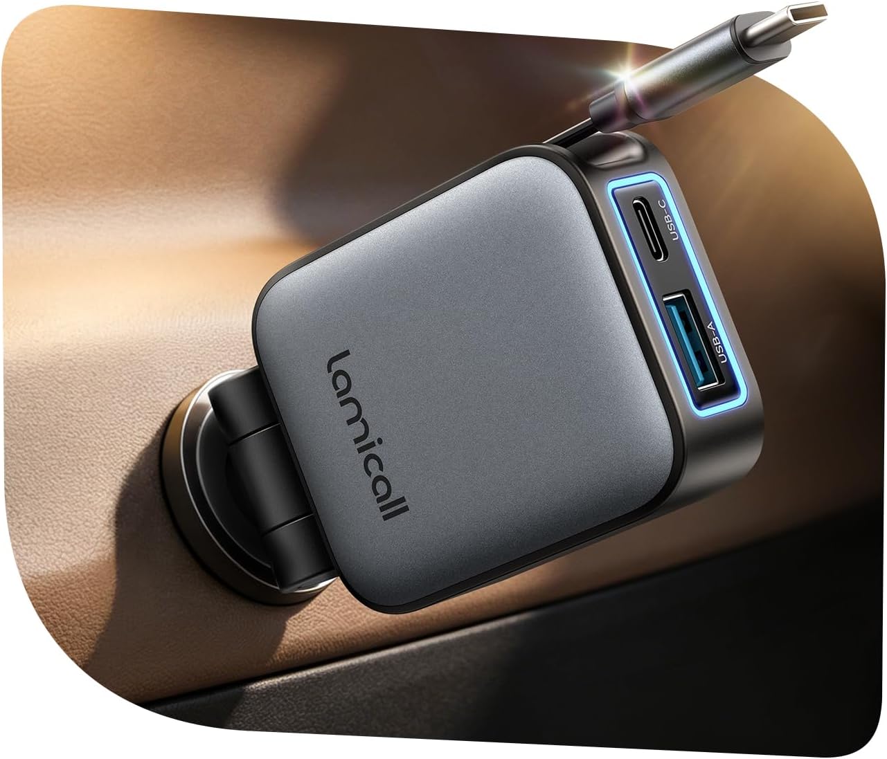 Detalle de Lamicall 3 IN 1 Zigarettenanzünder USB C Auto Ladegerät – Ultraklein, 63W, integriertes Einziehbares Kabel