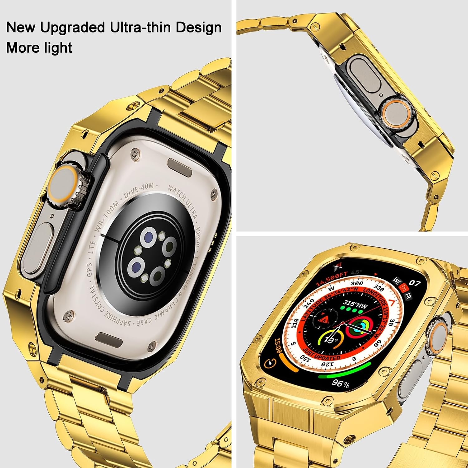 Detalle de BAITEYOU Stainless Steel Watch Band with Case for Apple Watch Ultra 1/2/3 (49mm) – Rugged Metal Bumper Strap (Gold)