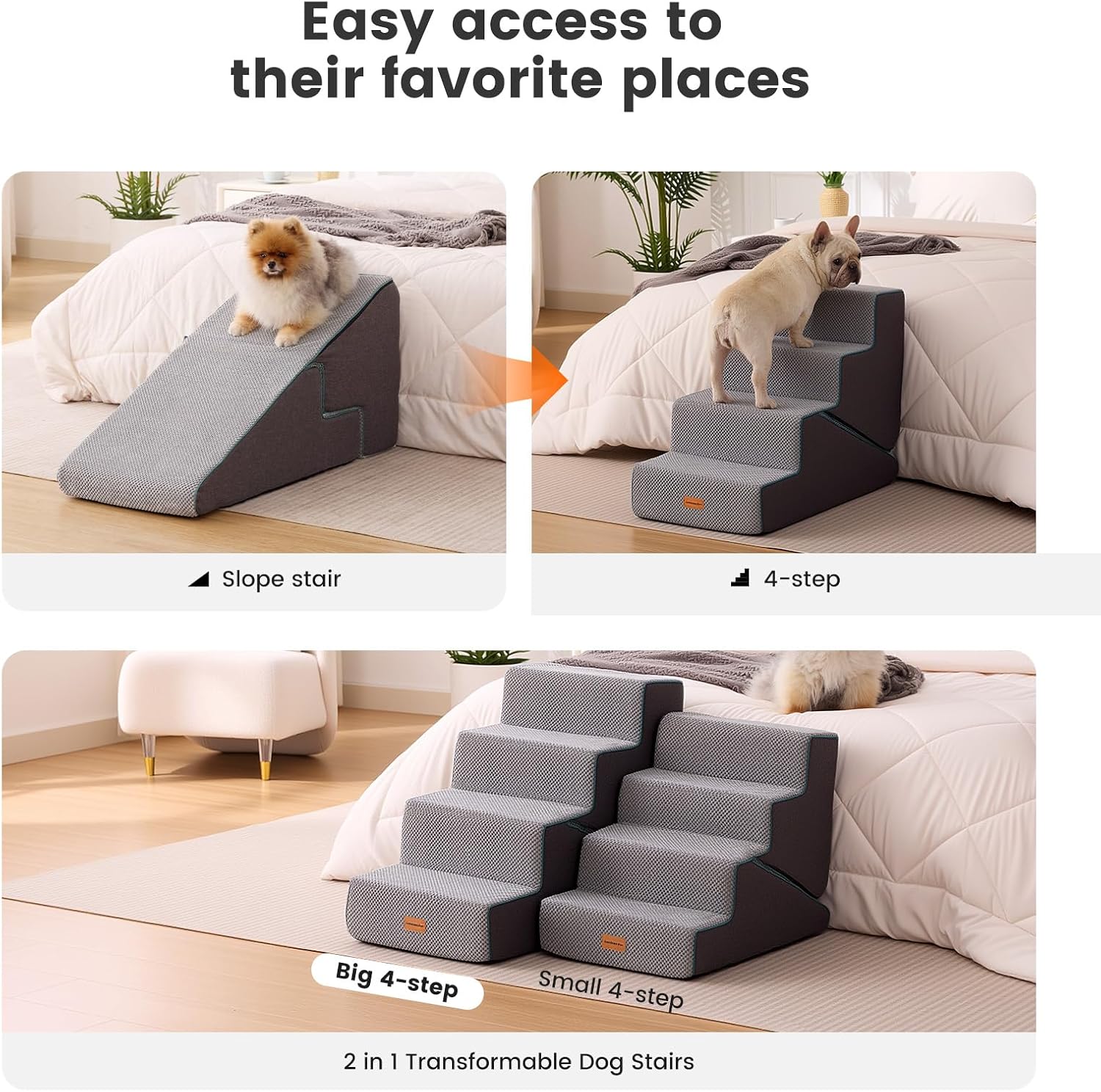 Detalle 2 de Gardner Pet 4-Step Adjustable Dog Steps for Bed 47–56cm High (Grey) – Waterproof, Non-Slip Ramp with 35D Foam
