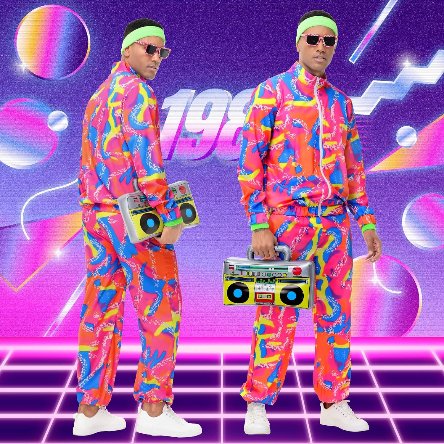 Detalle 2 de Tosjack 80s Retro Costume Neon Tracksuit Set with Retro Accessories