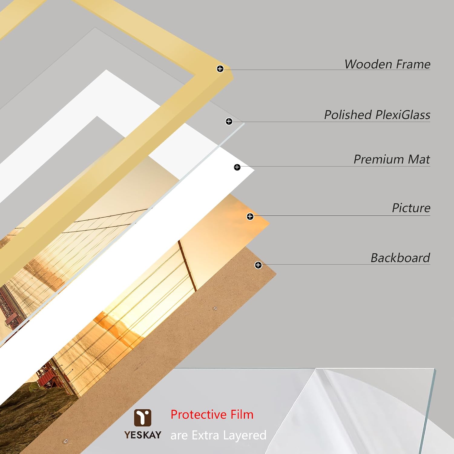 Thumbnail 3 de YESKAY 16x16 Picture Frames, 3-Pack, Gold MDF with 12x12 Mat Option