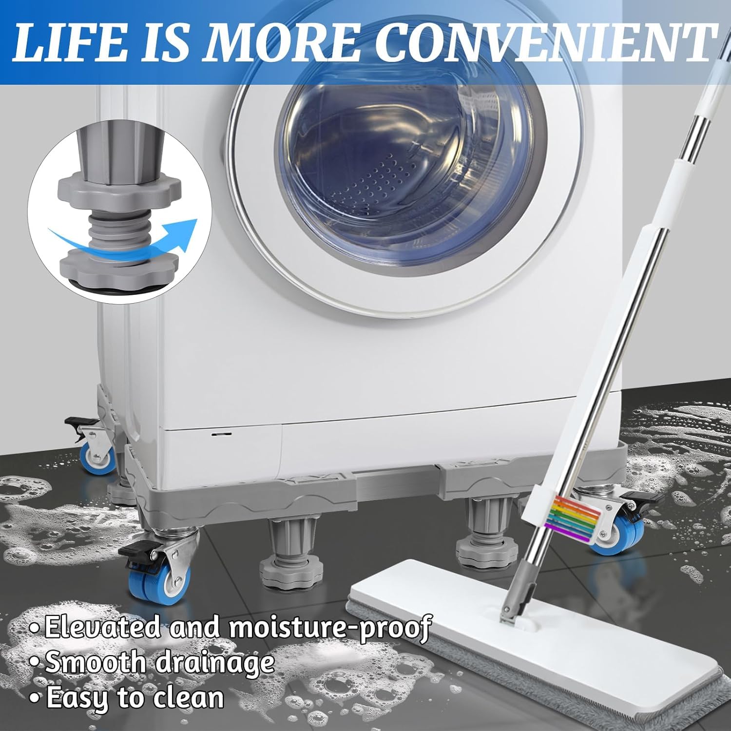 Thumbnail 6 de WUFANC Base per Lavatrice con 8 piedi + 4 ruote regolabili (42–66 cm), antiscivolo e antiurto