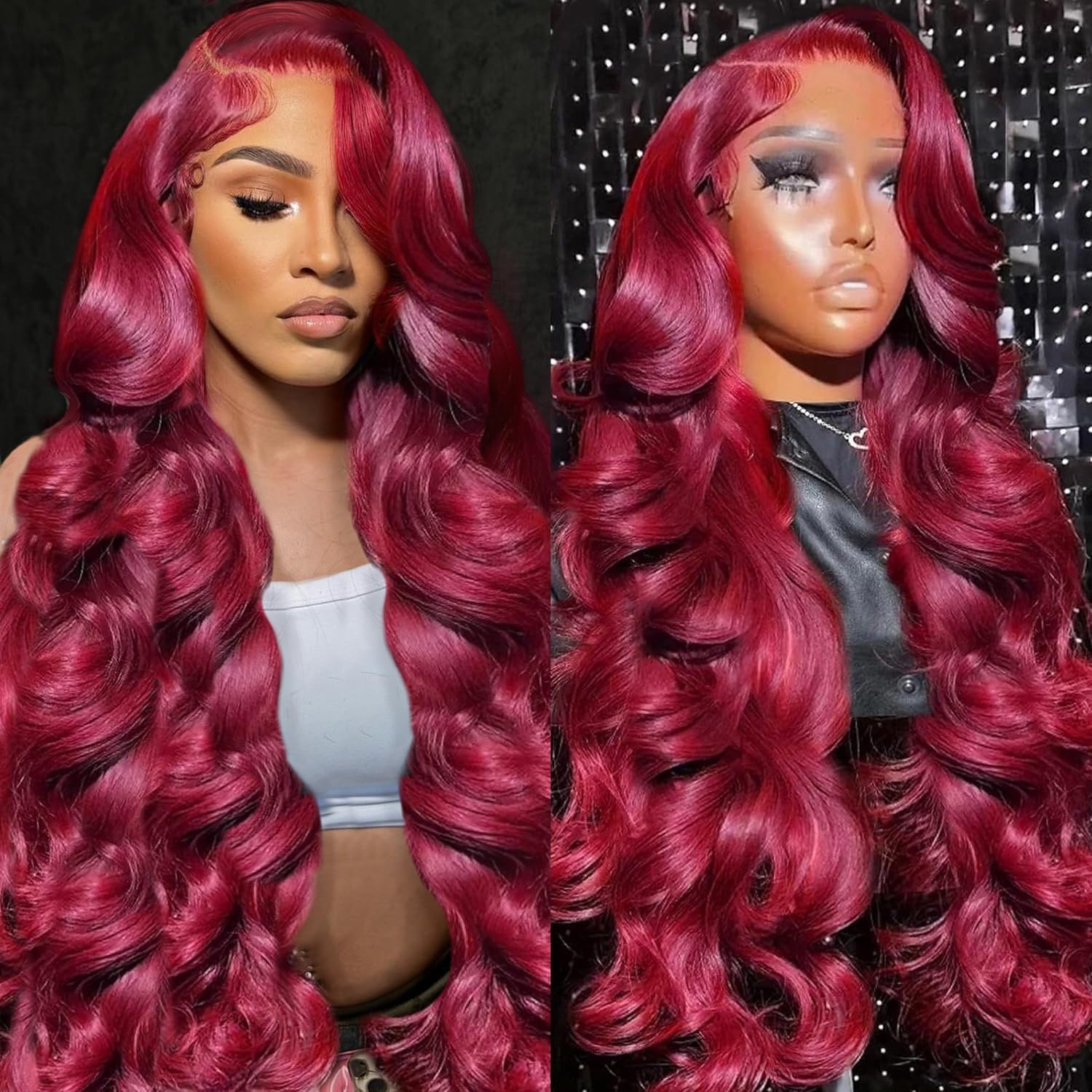 Detalle de pidrez 32 Inch Burgundy HD Lace Front Wig (13x6) 99J Body Wave, 180% Density, 100% Human Hair