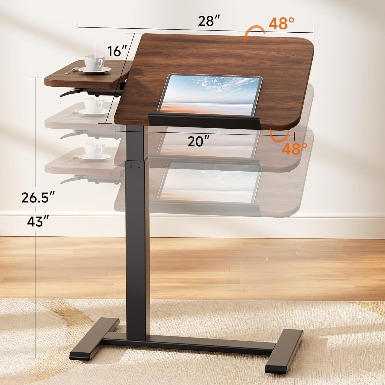 Detalle 2 de COMHOMA LT003-COM Tilting Overbed Desk, Pneumatic Height Adjustment, Walnut