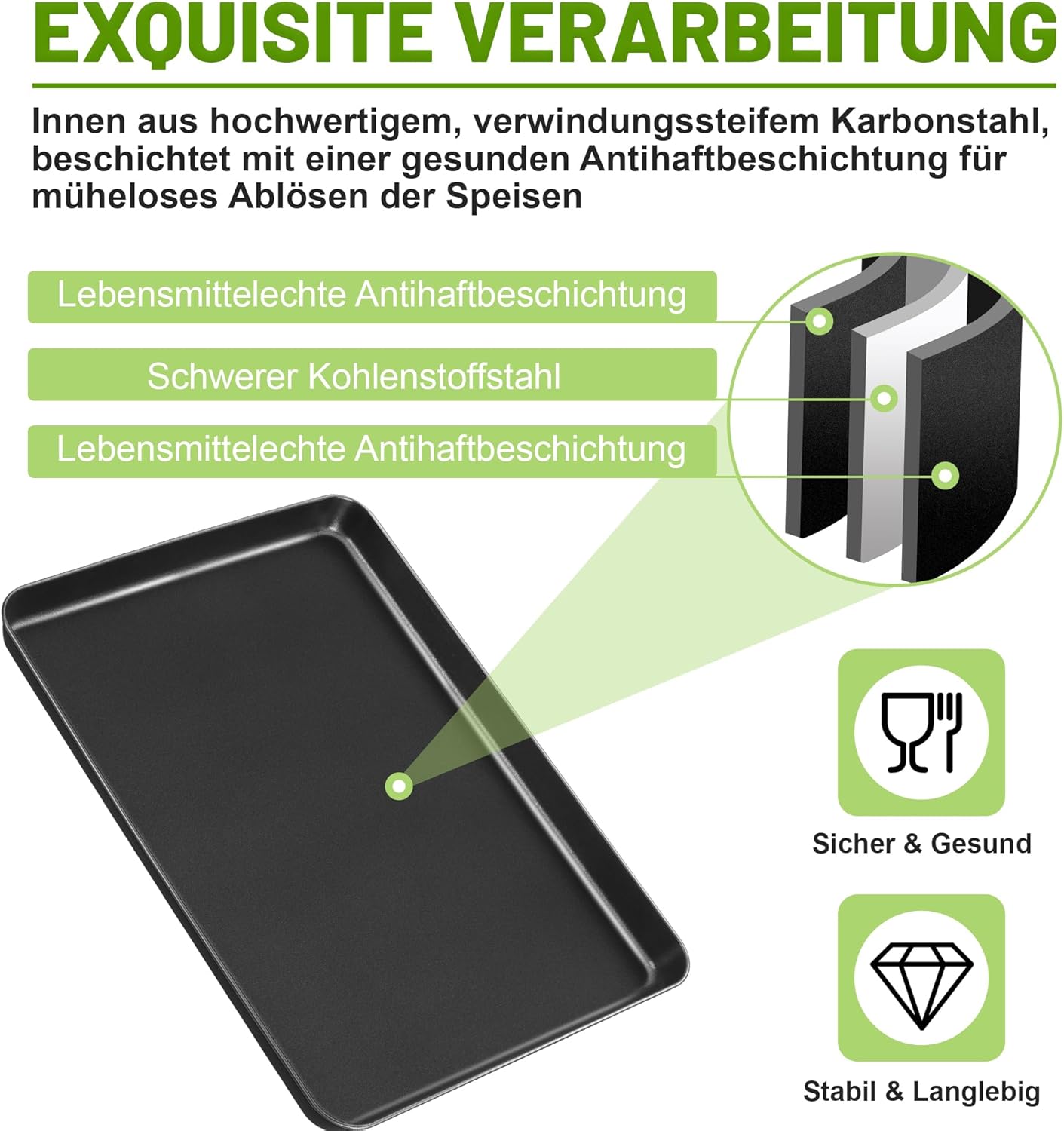 Detalle de HaWare Backblech 2er Set Groß – Antihaft Ofenbleche 40,5 × 30,5 × 2,5 cm, rostfrei & leicht zu reinigen