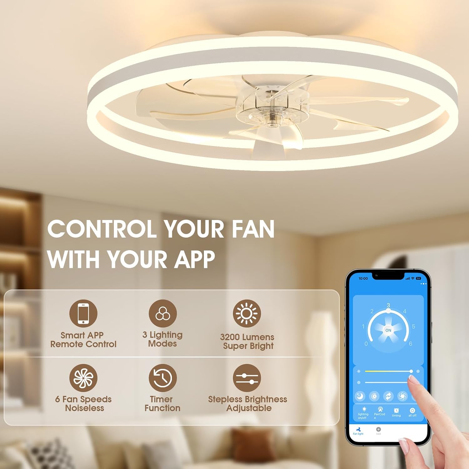 Detalle de NIORSUN 60cm Ceiling Fan with Lights and Remote – Smart LED, 6 Speeds, 3000K–6500K Dimmable