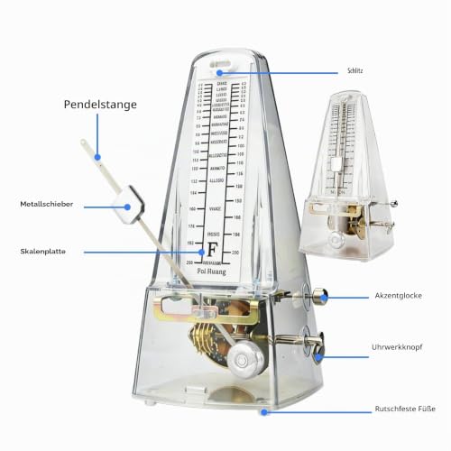 Detalle de Mechanisches Metronom von BORDEAG – Transparentes Gehäuse, hohe Präzision und taktsicherer Akzentglocke