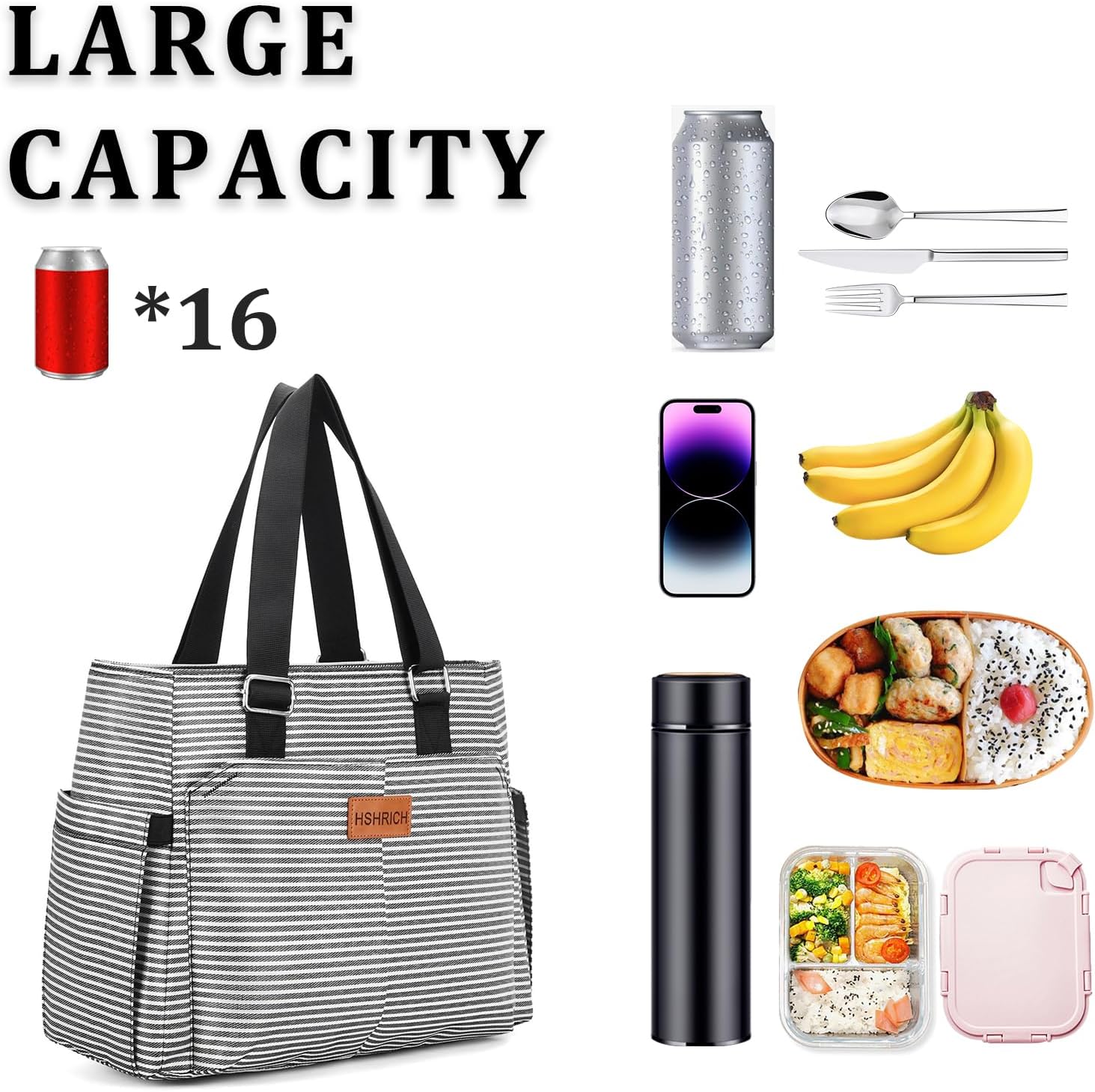 Thumbnail 2 de HSHRICH Large Insulated Women’s Lunch Bag (12L) – Leakproof Cooler Tote with Storage Pocket, Stripe