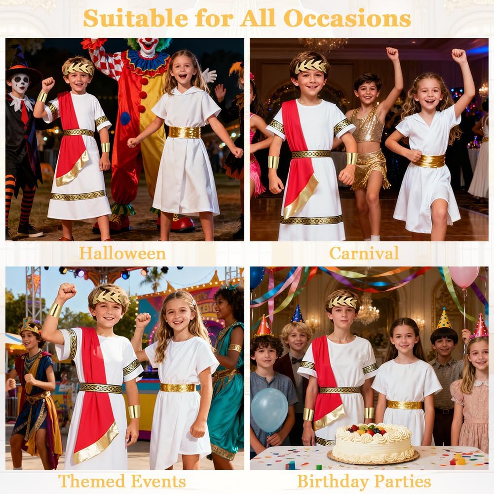 Thumbnail 6 de BSBUY Costume antica Grecia e Roma per bambini bianco e rosso con toga, cintura e fascia
