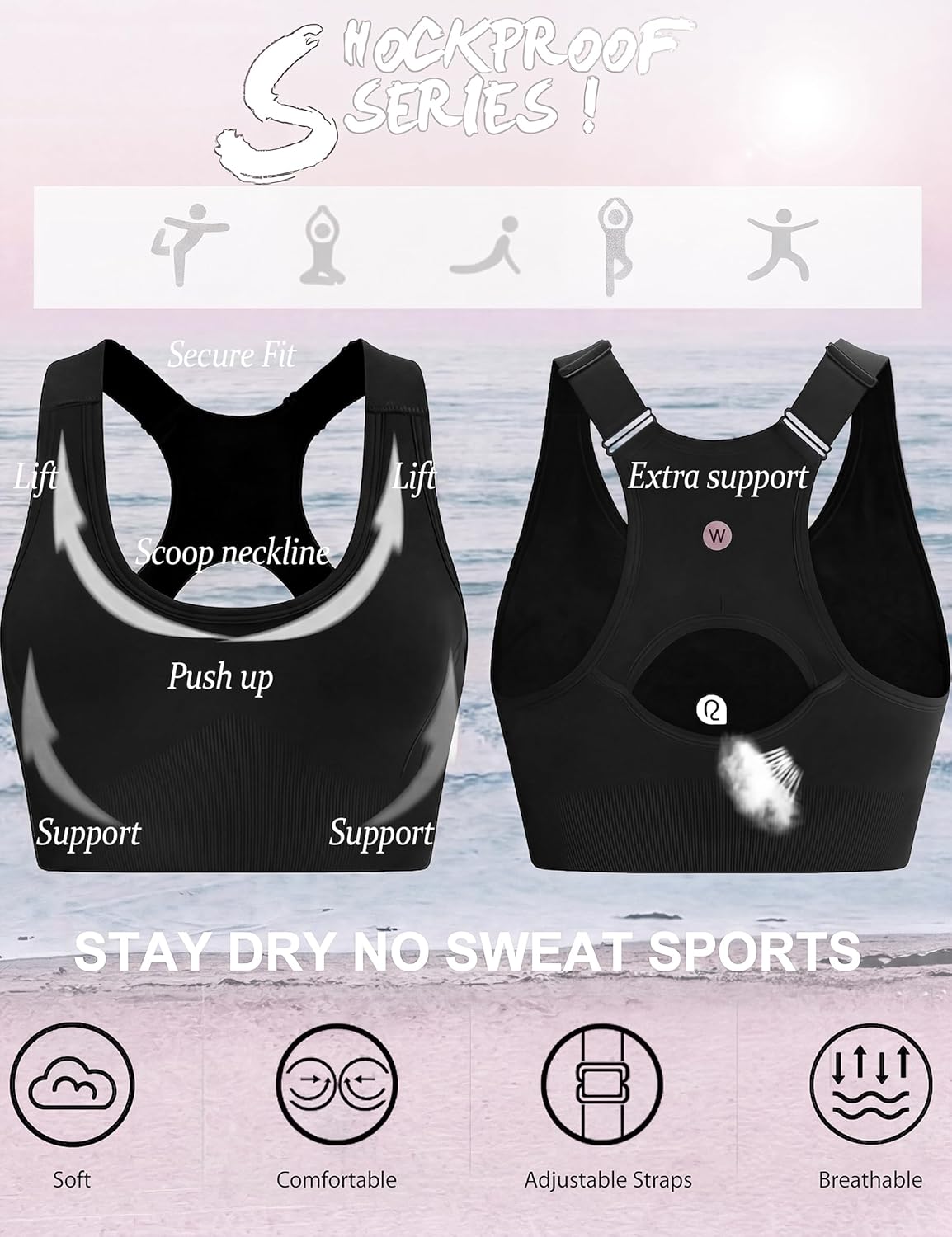 Thumbnail 3 de Aseniza brassière de sport femme maintien fort dos croisé (sans armature) respirante, bretelles larges réglables