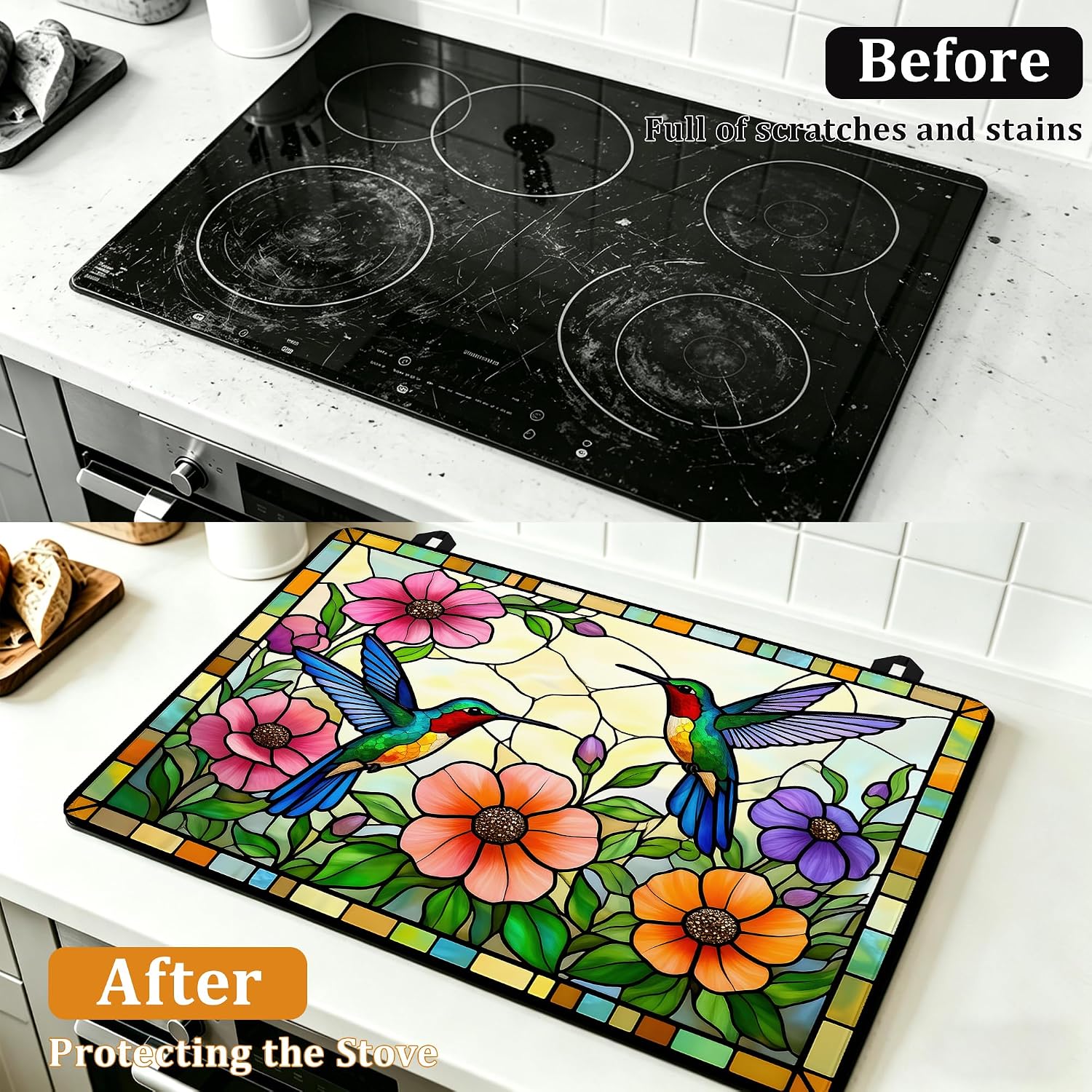 Detalle de YIKTI Vintage Hummingbird Stove Top Cover, 28 x 20 Inch, Heat-Resistant