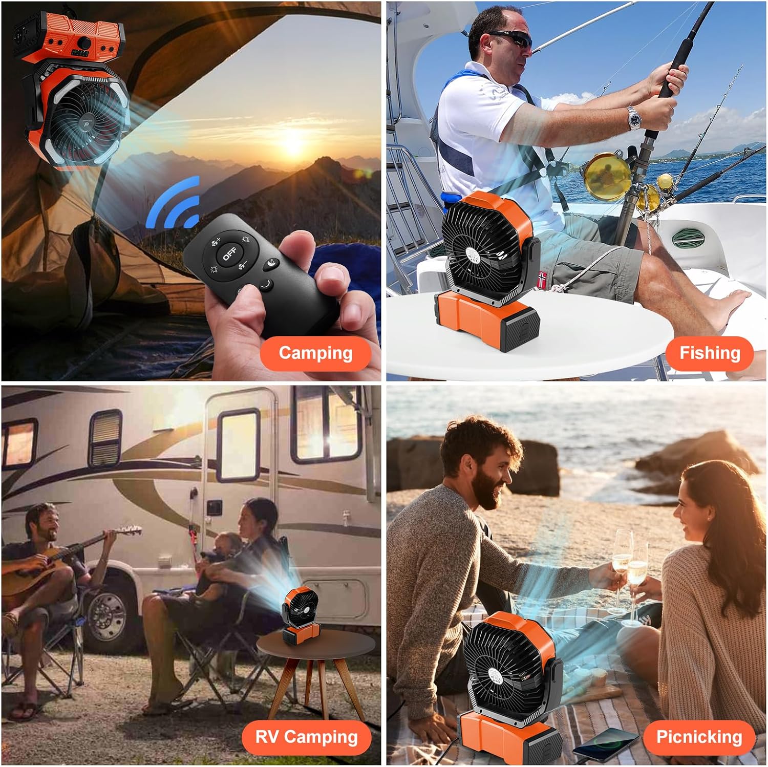 Thumbnail 6 de Odoland 40000mAh Camping Fan with LED Light — Battery-Operated Oscillating Desk Fan with Remote, Hook, and Tent Light