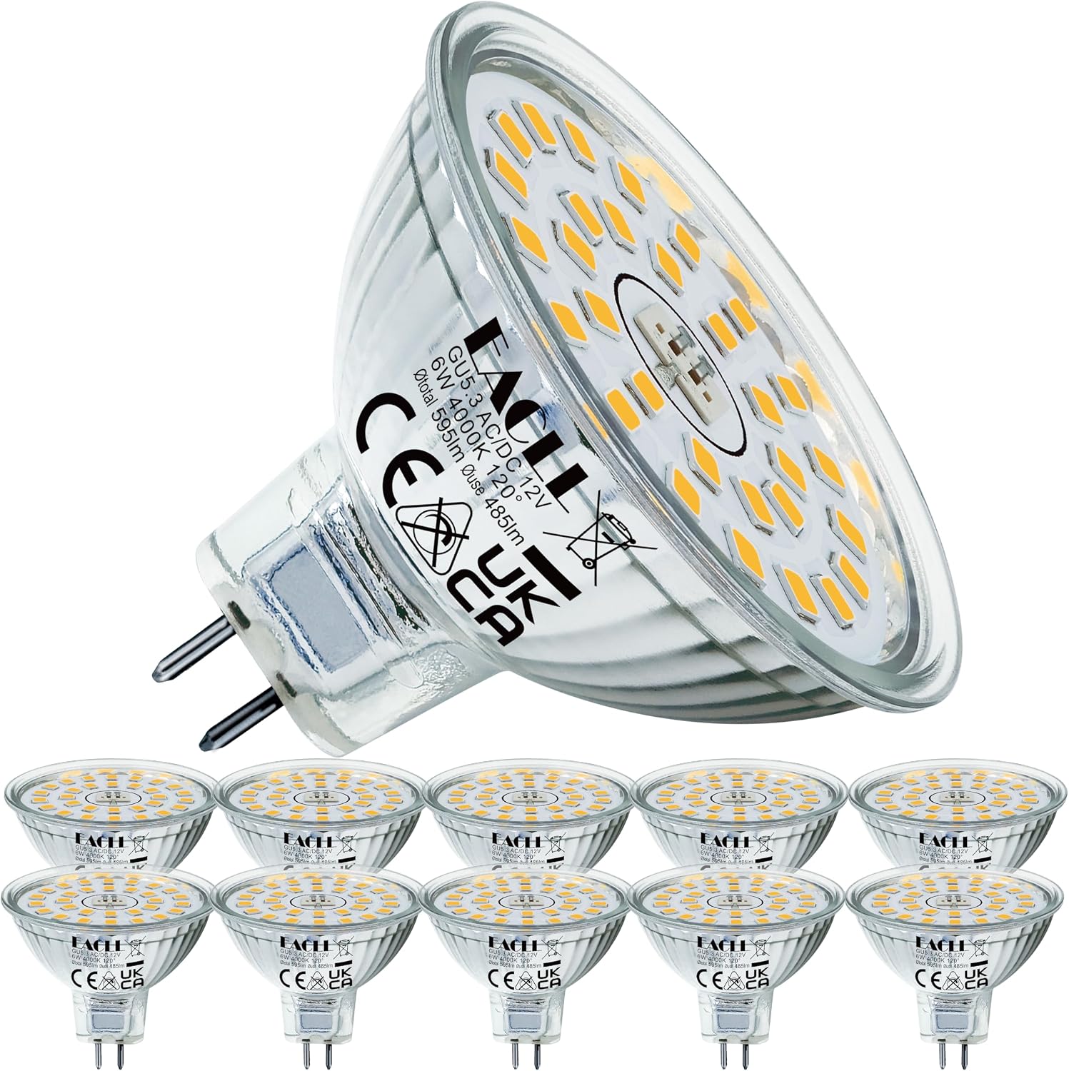 Detalle de EACLL GU5.3 LED 6W 4000K MR16 – 10er-Pack, flimmerfrei, 12V AC/DC