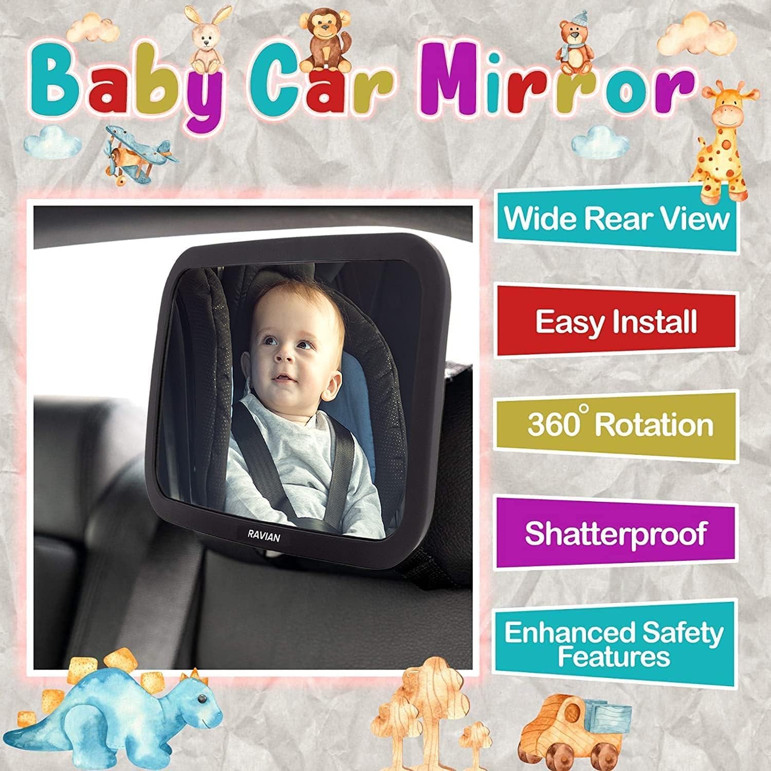 Thumbnail 1 de Baby Car Mirror for Back Seat – Wide, Shatterproof & 360° Adjustable for Rear‑facing Safety
