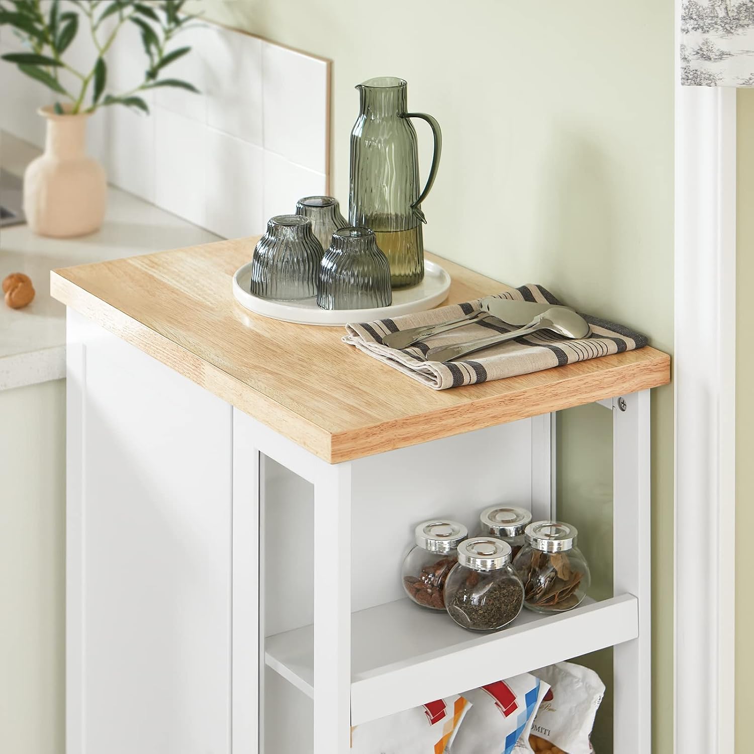 Detalle de SoBuy FKW75-WN keukentrolley met glazen deur en verstelbare planken
