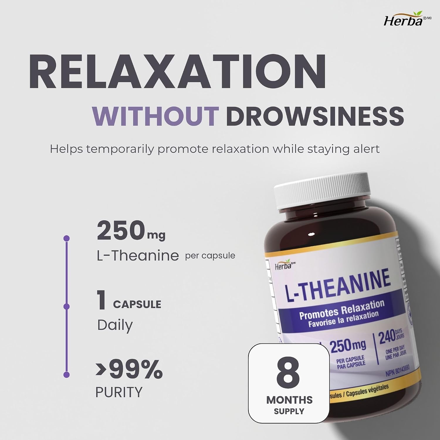 Detalle de Herba l theanine supplement, 250 mg capsules, 240 count, >99% pure