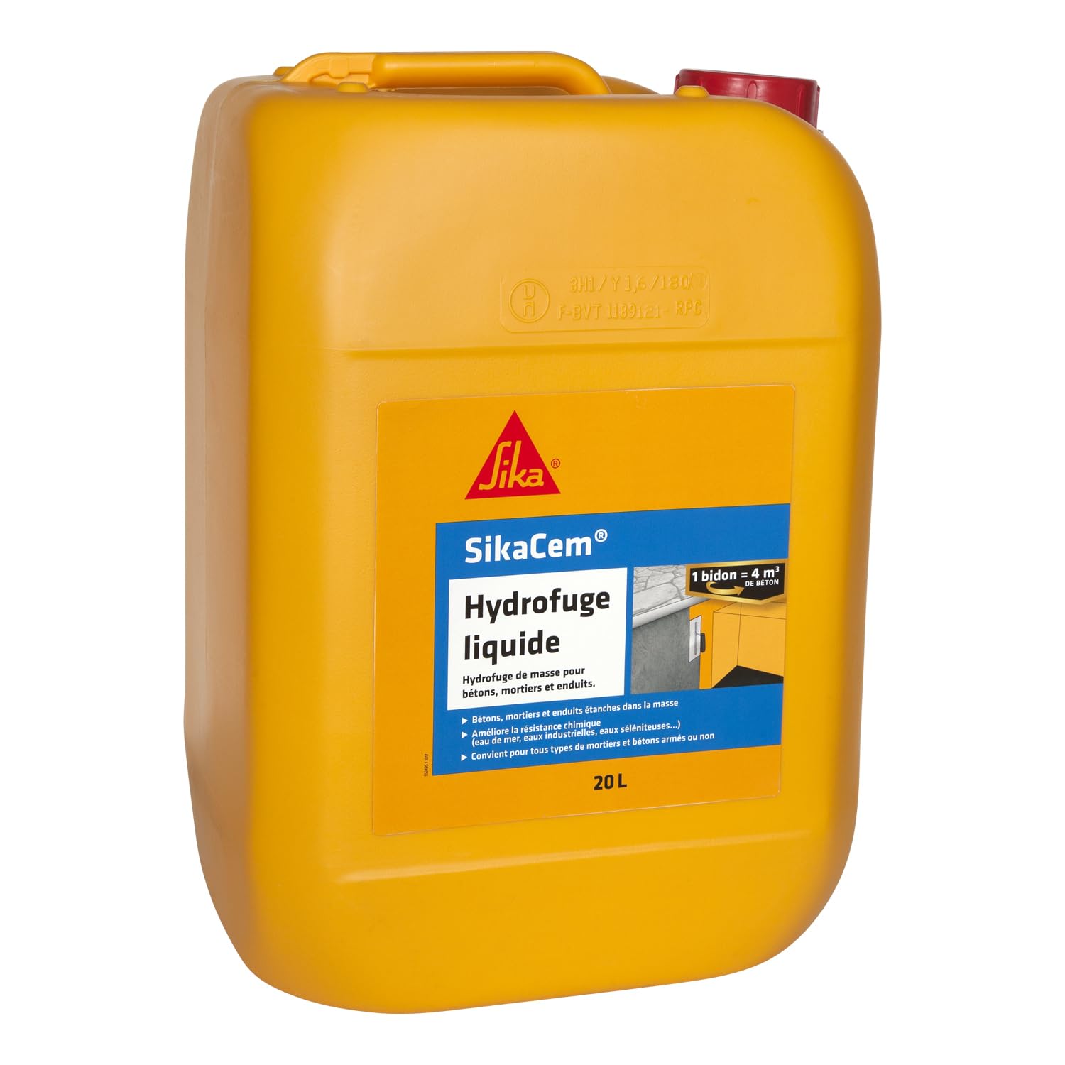 Detalle de SikaCem Blanc Hydrofuge de Masse Liquide 20 L – Bétons et mortiers étanches en masse