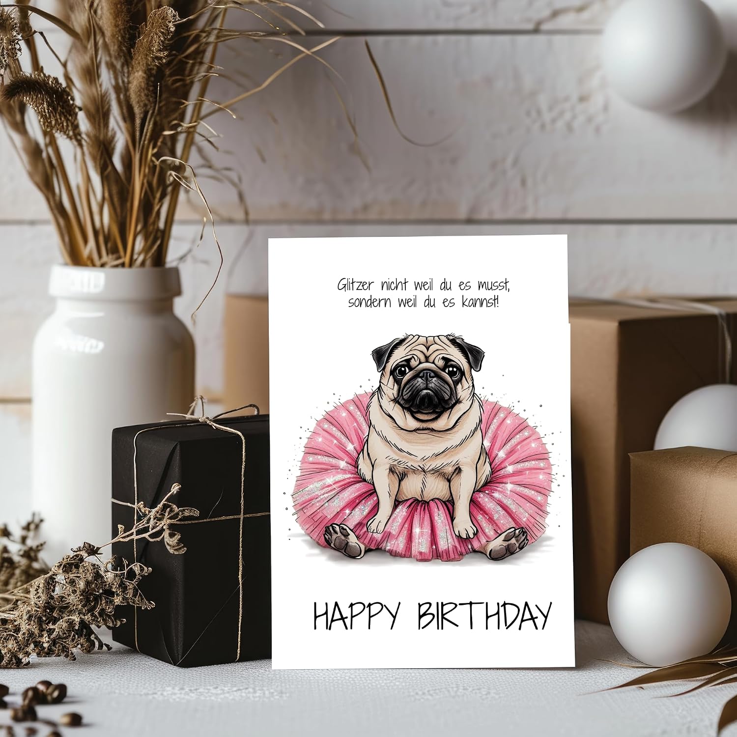 Thumbnail 5 de Lustige Geburtstagskarte Mops im rosa Glitzer-Tutu – A6 Klappkarte inkl. Umschlag