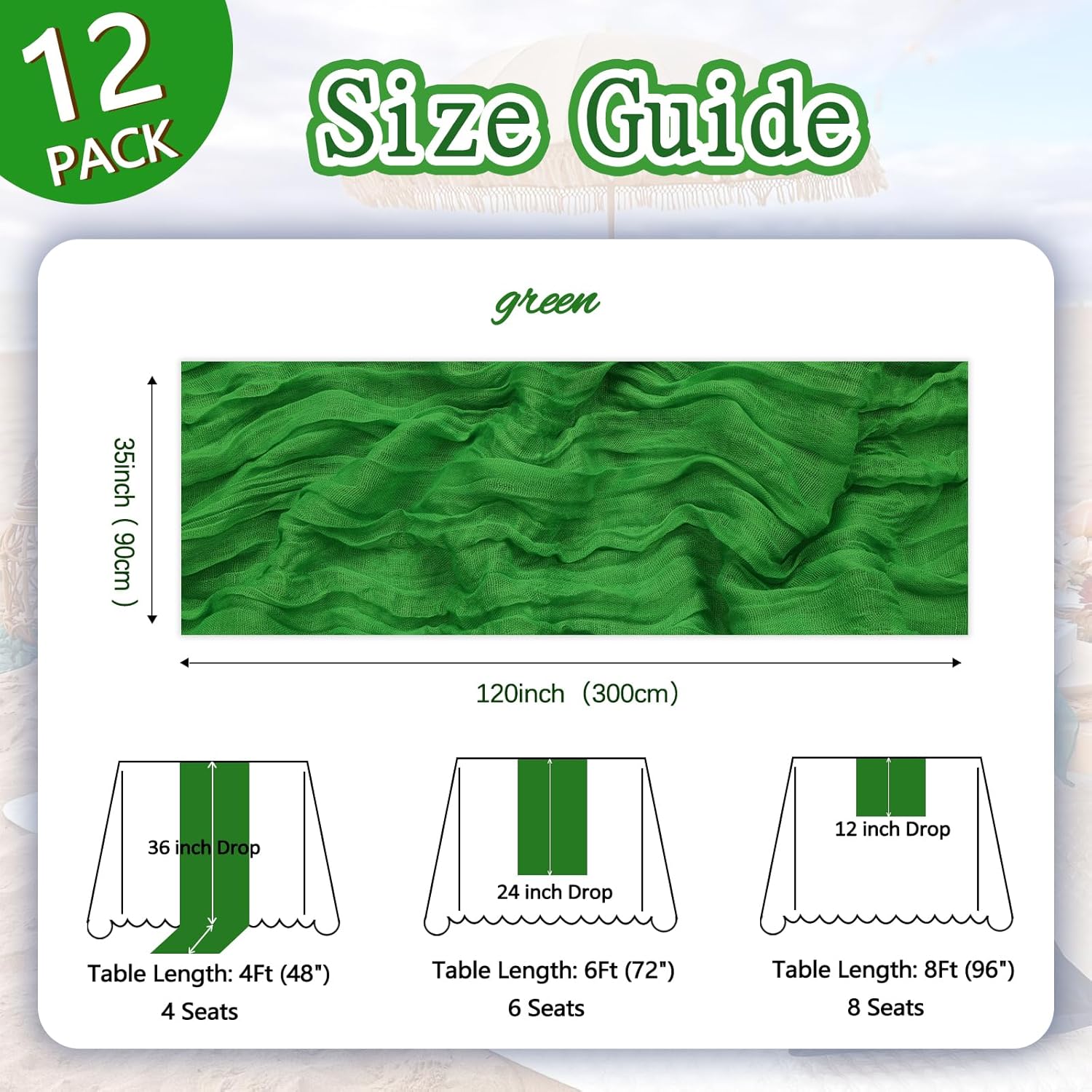 Thumbnail 1 de 12-Pack Green Cheesecloth Table Runner (Boho Gauze), 35 x 120 Inch Rustic Sheer Runner for Parties & Events
