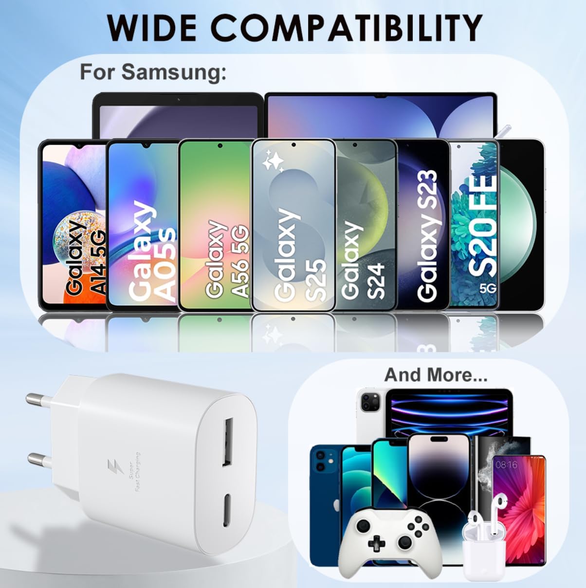Detalle de Caricabatterie Sumsamg 25W: doppia porta USB-C & USB-A per Galaxy e beyond