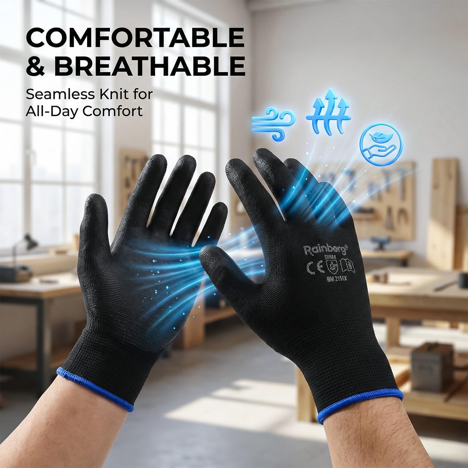 Thumbnail 1 de Rainberg Safety Gloves – Pack of 12 (Large) with Non-Slip PU Grip for General Duty Tasks