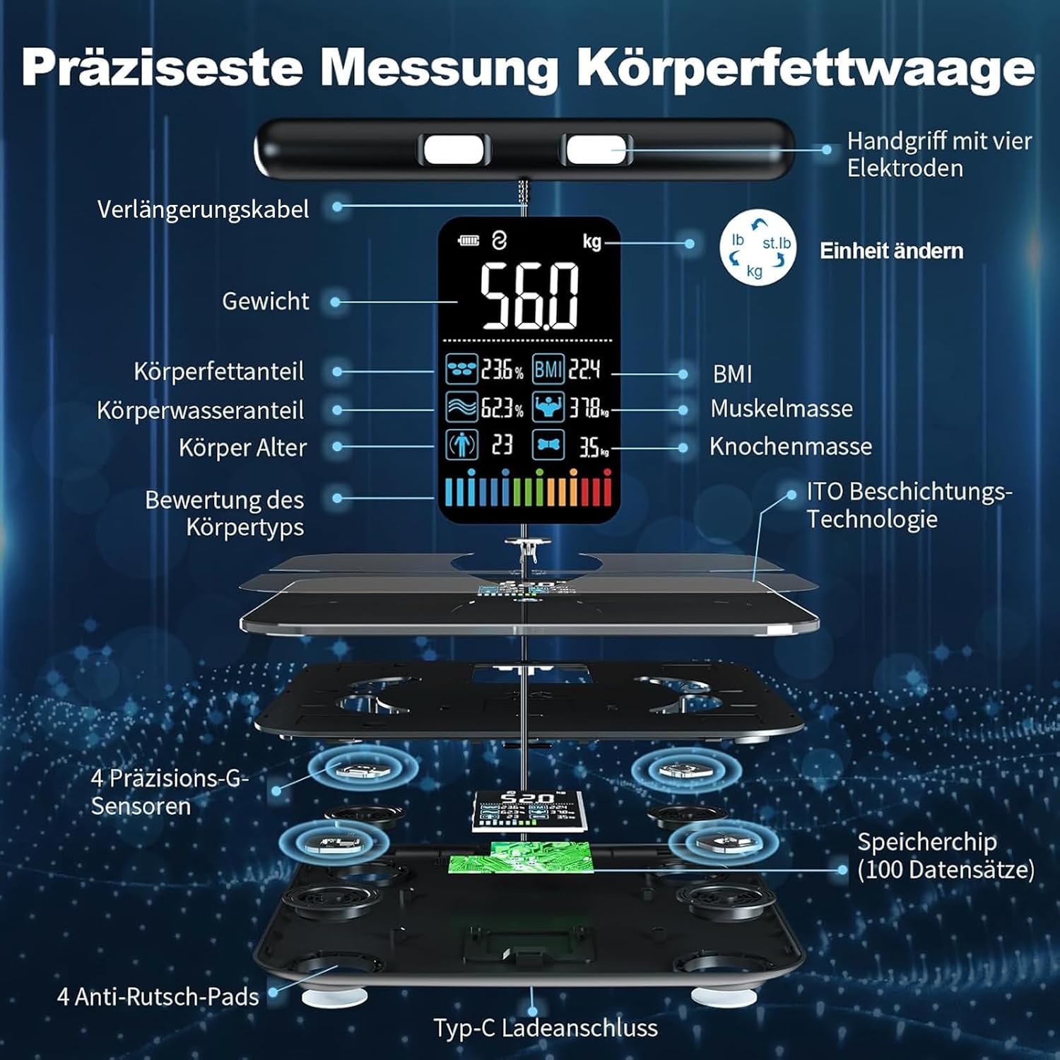 Thumbnail 1 de Lepulse P1 Körperanalysewaage mit Handsensoren (Körperfett, Muskelmasse, App) – Schwarz
