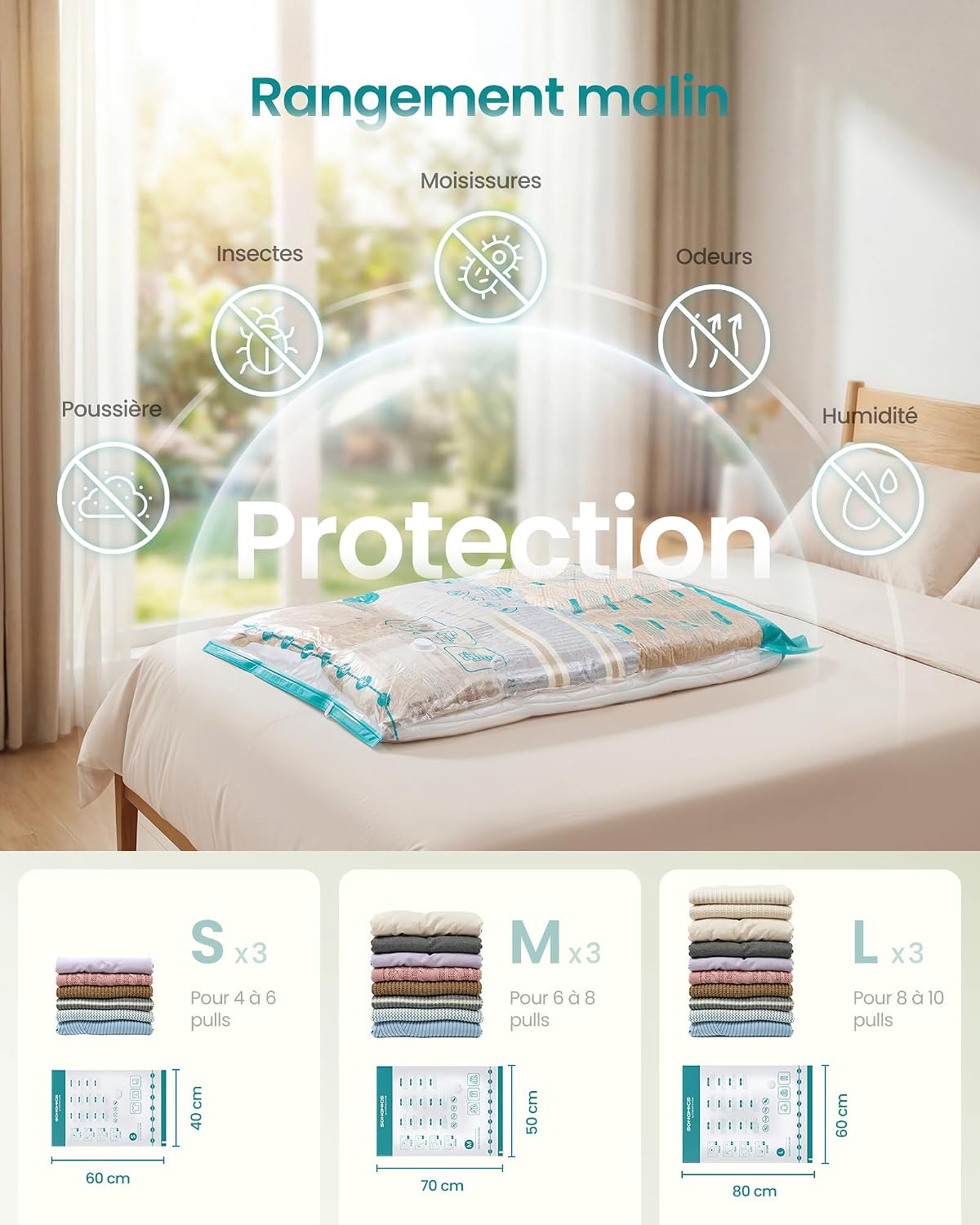 Detalle de SONGMICS LVB201W101 – 9 housses sous vide transparentes avec pompe électrique rechargeable USB-C