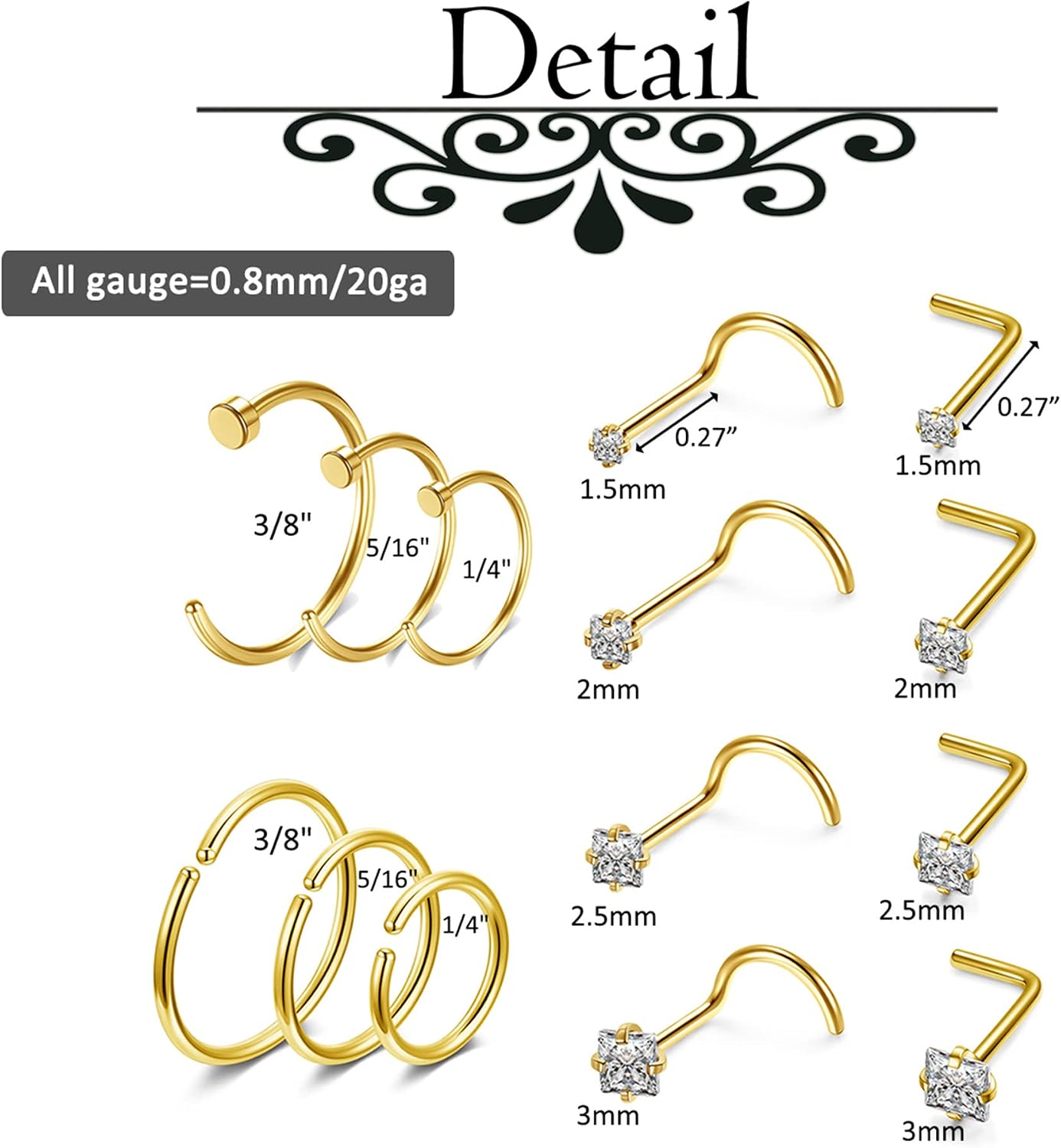 Detalle de PiercingJak 14er Nasenpiercing Set Gold Edelstahl – 0,8 mm / 6–10 mm Innendurchmesser