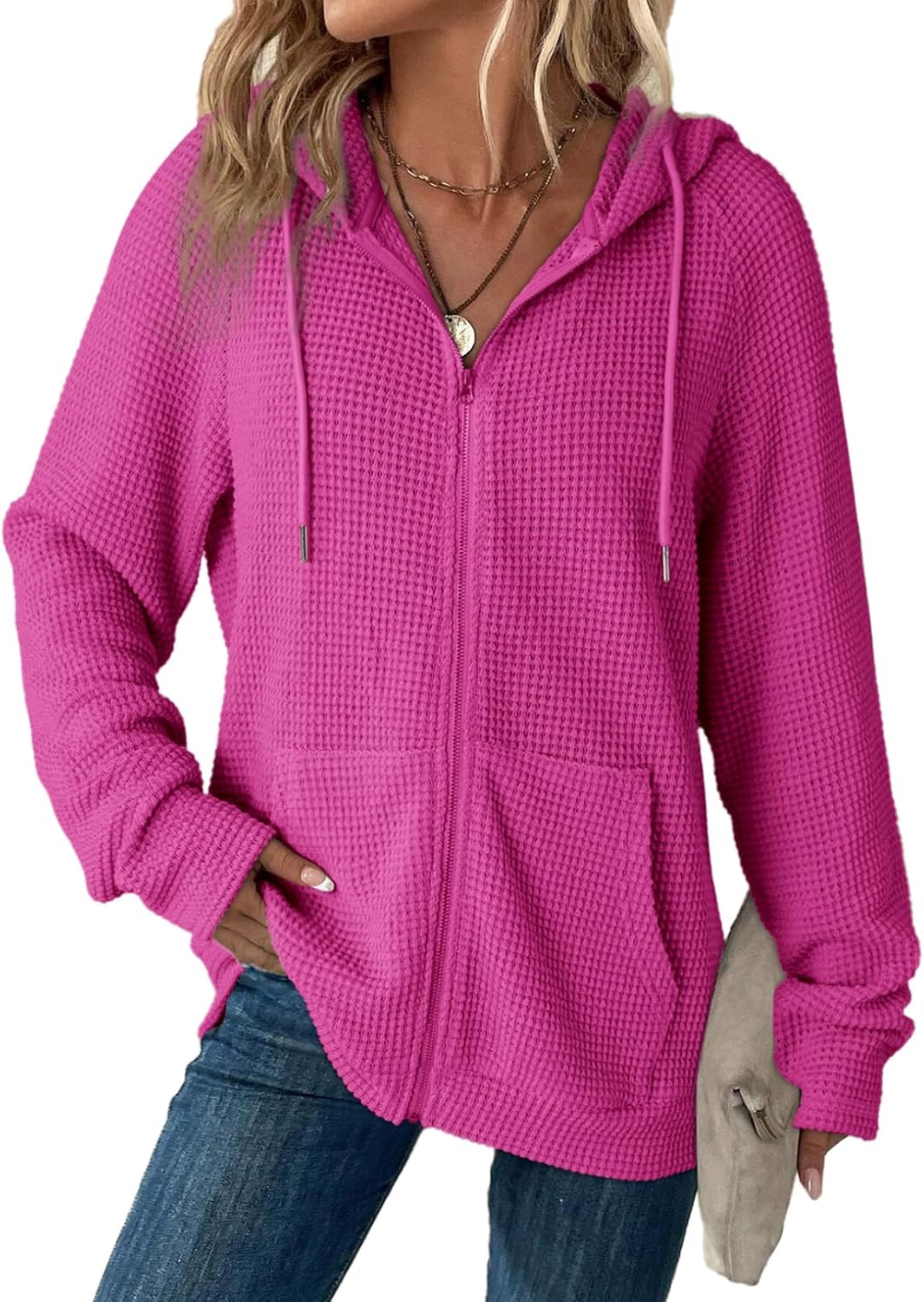 Detalle de Dokotoo Women's Waffle Knit Full Zip Hooded Sweatshirt