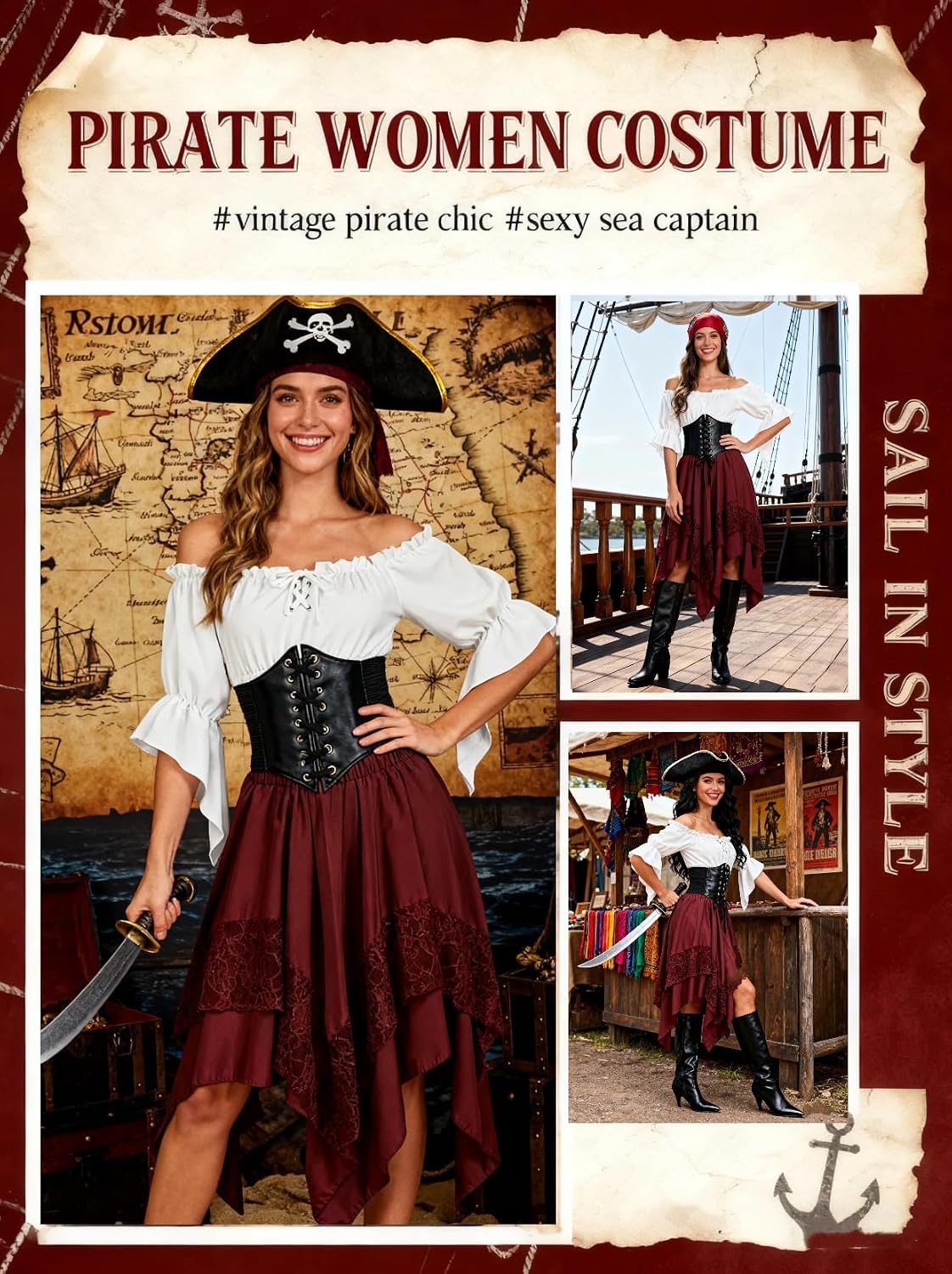 Thumbnail 2 de Verceco Women's Pirate Costume with Peasant Top, Lace-Up Corset and Skirt