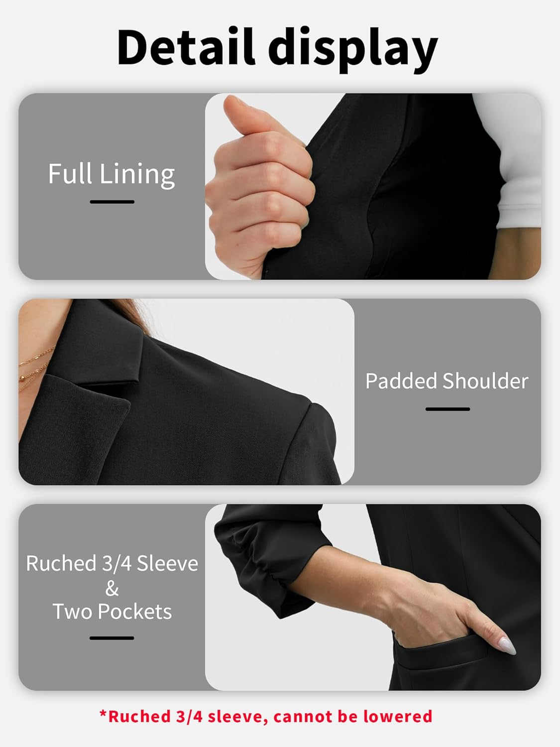 Thumbnail 4 de ELLEVEN Women's Ruched 3/4 Sleeve Blazers – Lightweight Slim Fit Jacket with Padded Shoulders