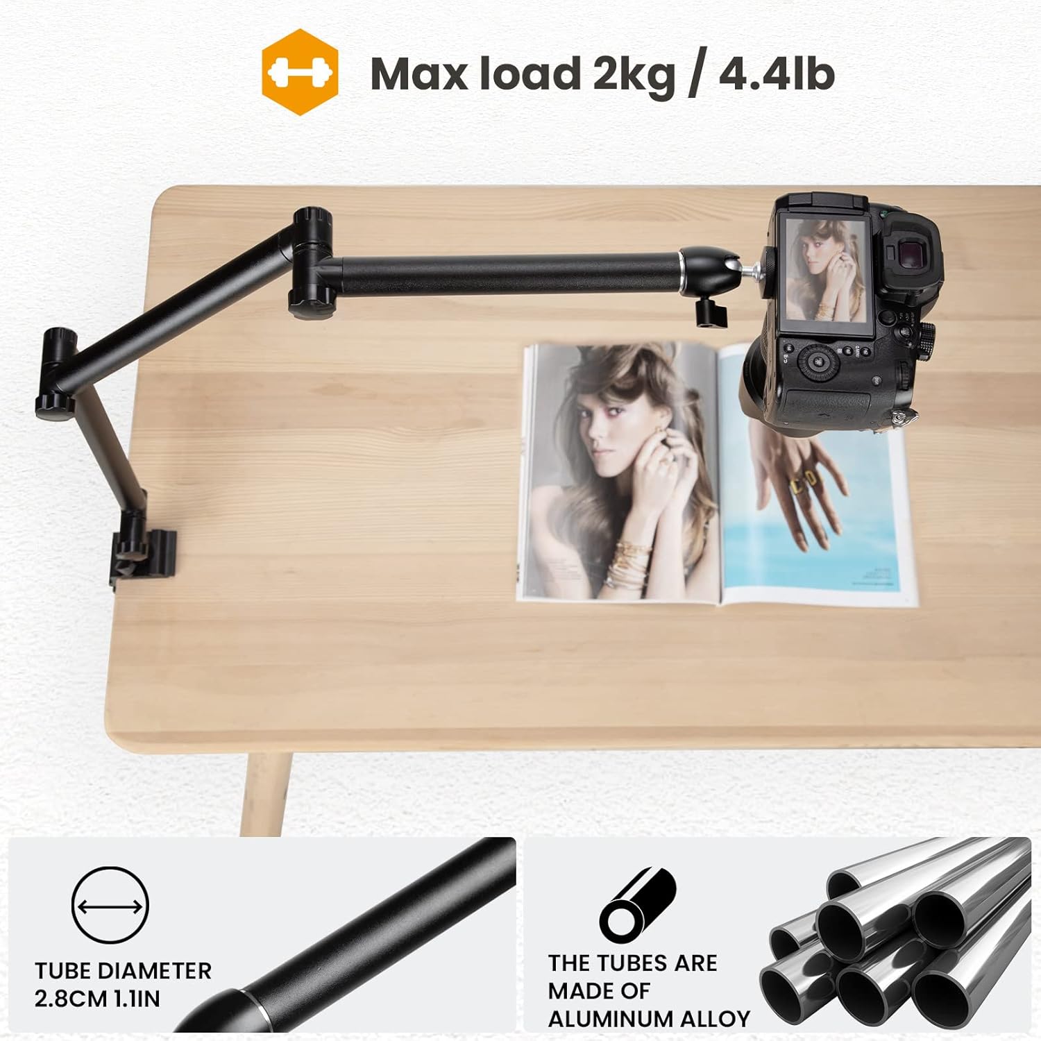 Thumbnail 2 de TARION Camera Desk Mount Stand – Overhead Arm for DSLR with 360° Rotating Ballhead and 2 kg Load