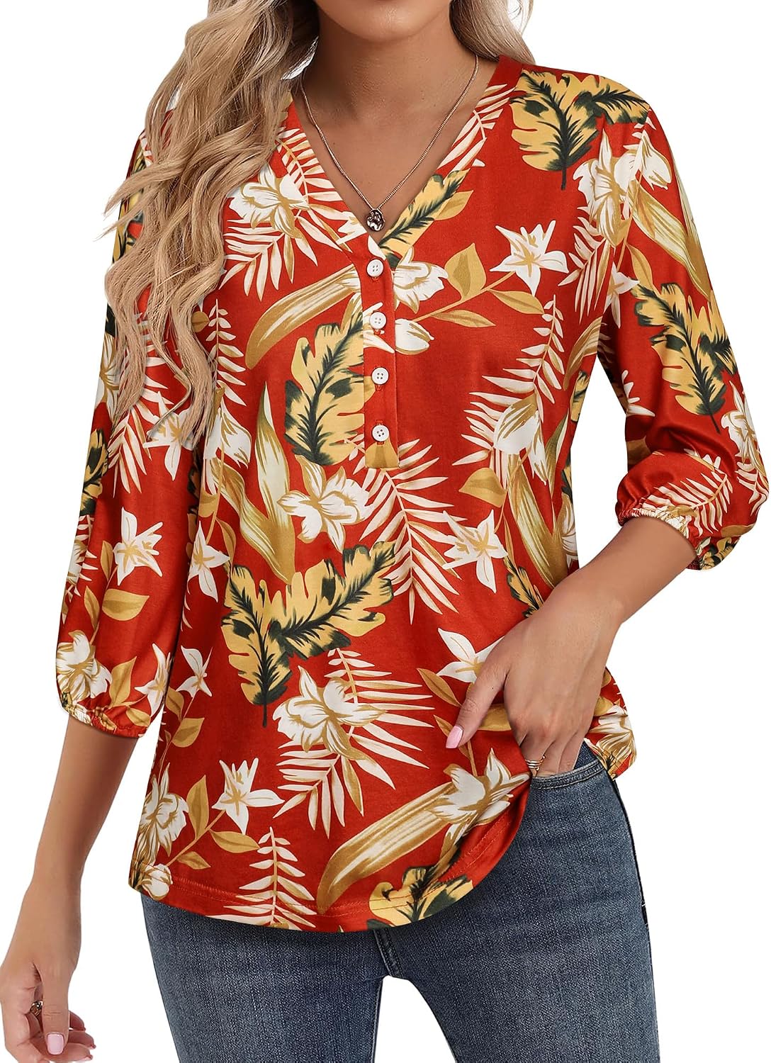 Detalle de WIEIYM 3/4 Sleeve Floral V‑Neck Blouse 🌺