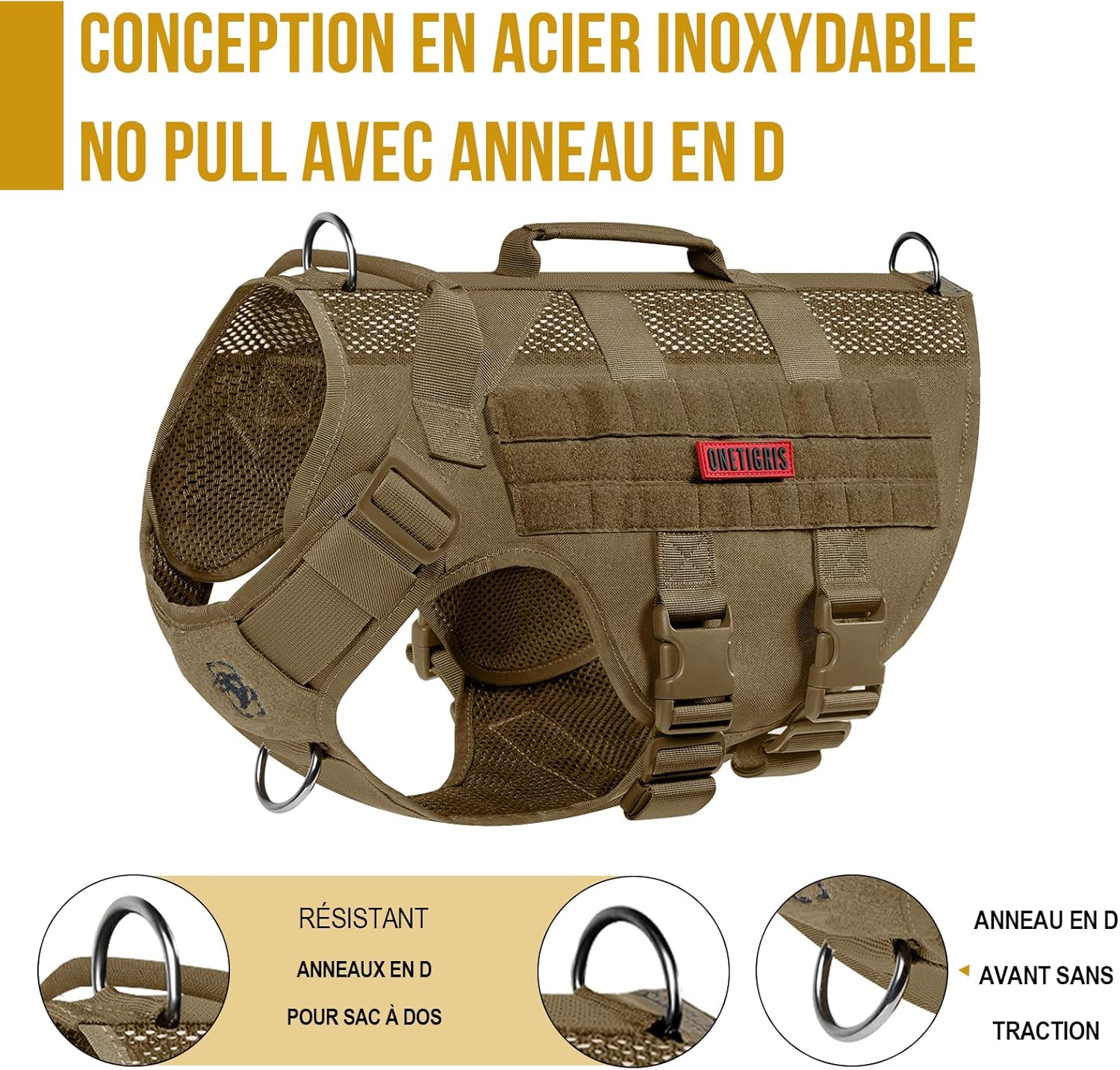 Detalle 2 de OneTigris Harnais de sécurité réglable pour chiens de grande et moyenne taille – Maille Aire, 2 poignées, accès MOLLE