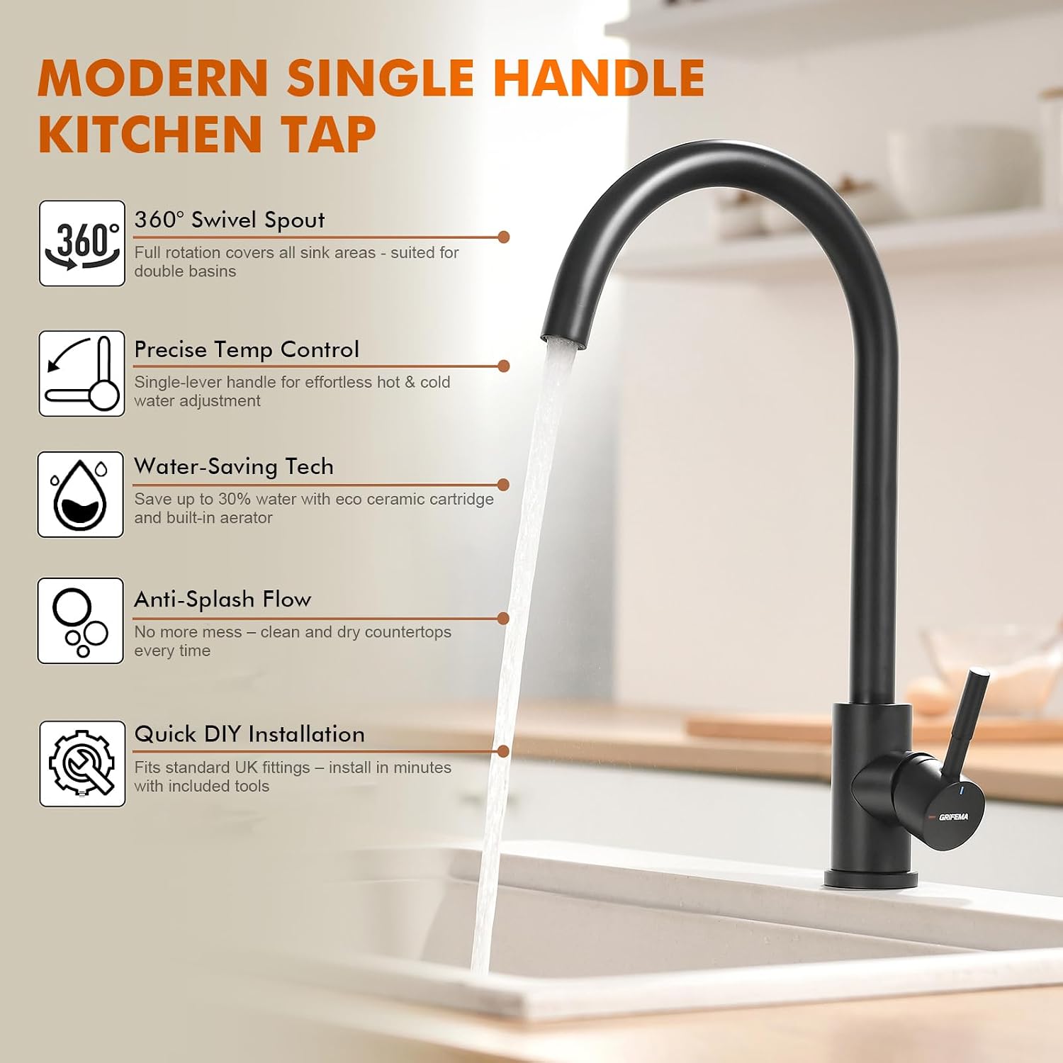 Detalle 2 de GRIFEMA G4008B Black Kitchen Sink Tap — 360° Swivel Spout, Solid Brass & Stainless Steel, Hot & Cold
